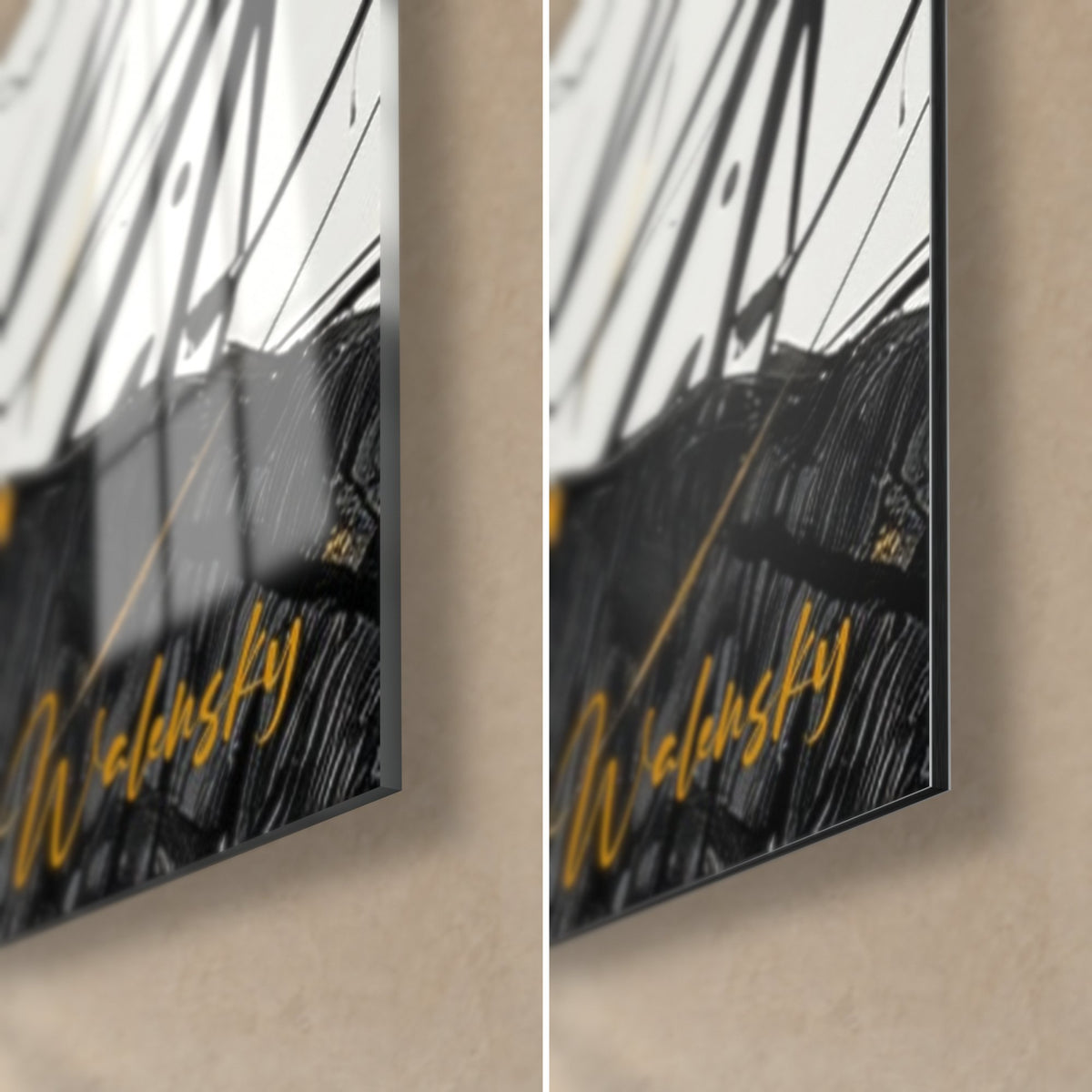 Tableau élégante aux lunettes teintées, coin bas droit : signature jaune sur noir, verre brillant à gauche, Dibond mat à droite