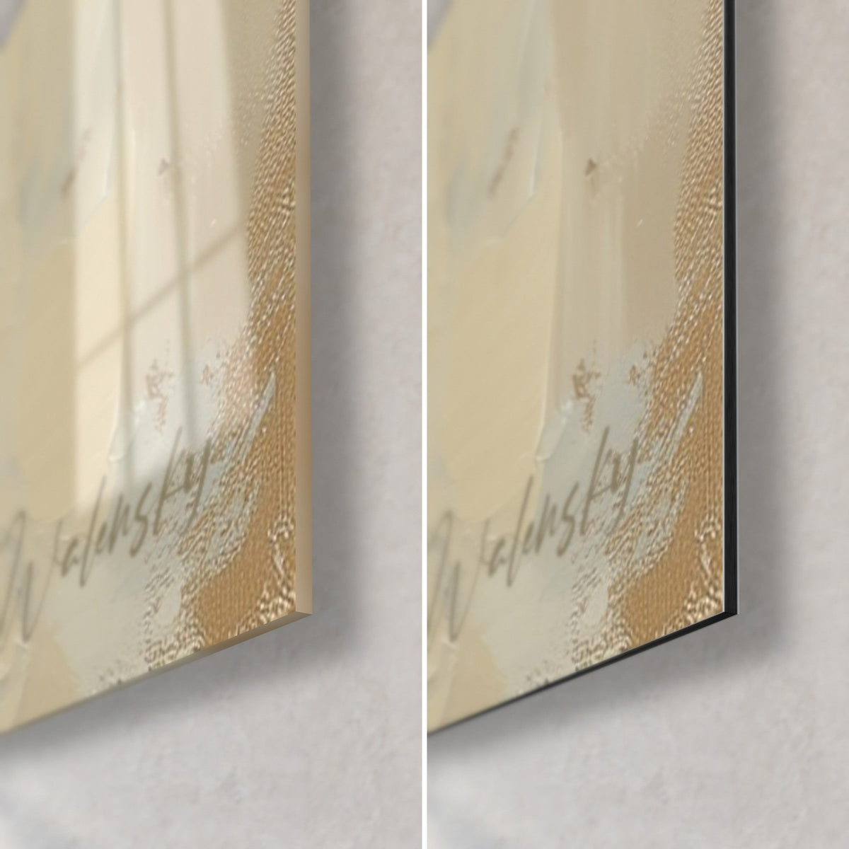 Tableau dame au chapeau rayé, coin bas droit : verre acrylique brillant et Dibond noir mat, signature dorée, tranche 3 mm