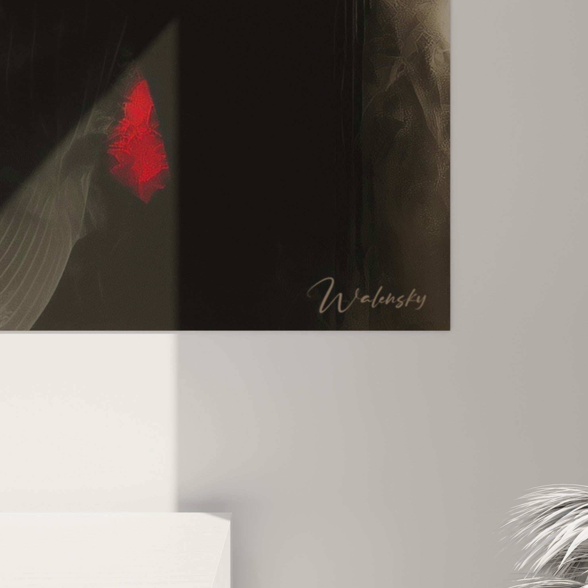 Empâtements et coulures visibles sur la cravate rouge et le feutre noir, grain granuleux du fond beige et crème