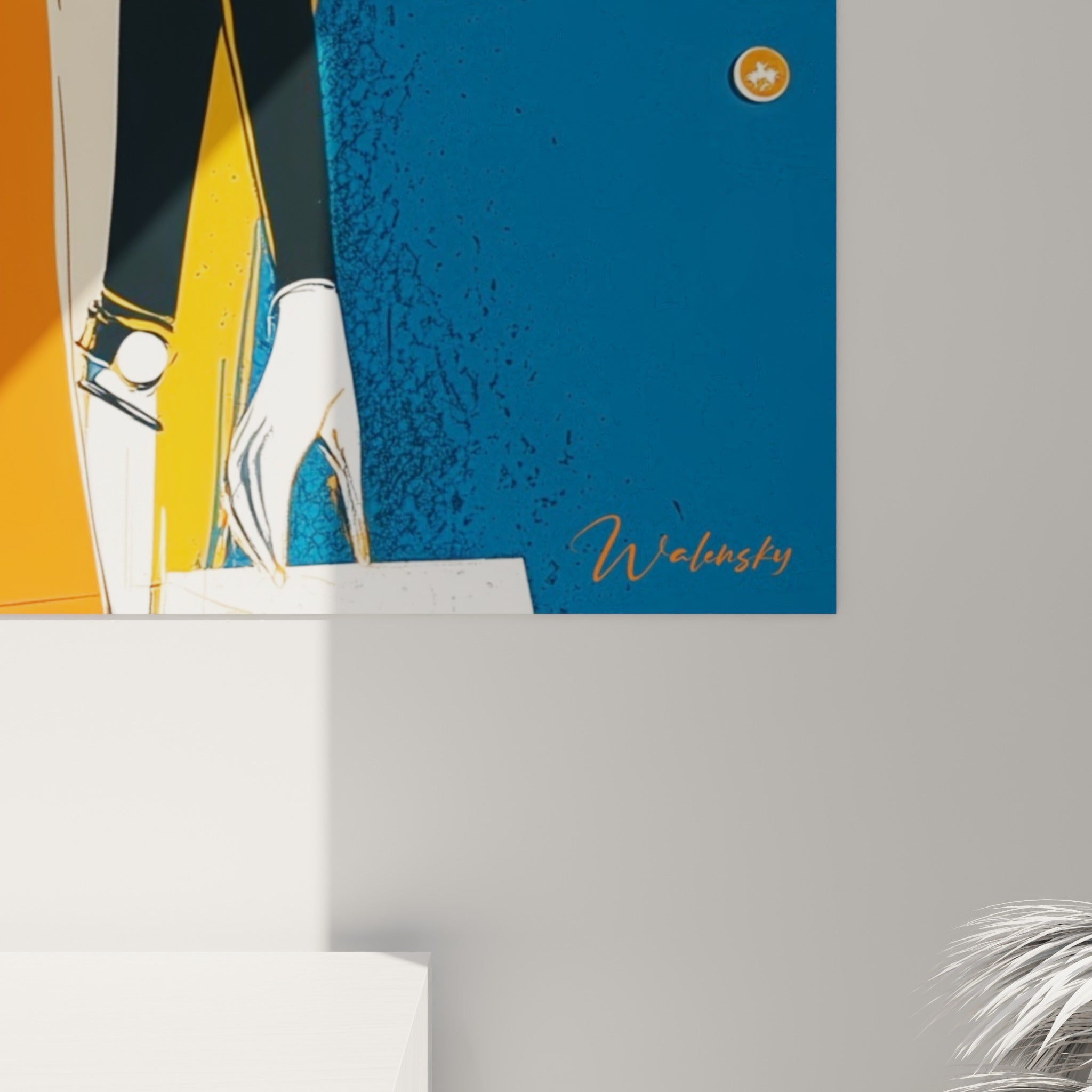 Détail du trait esquissé et des aplats orange et bleu marine, grain visible de l'impression sur la toile