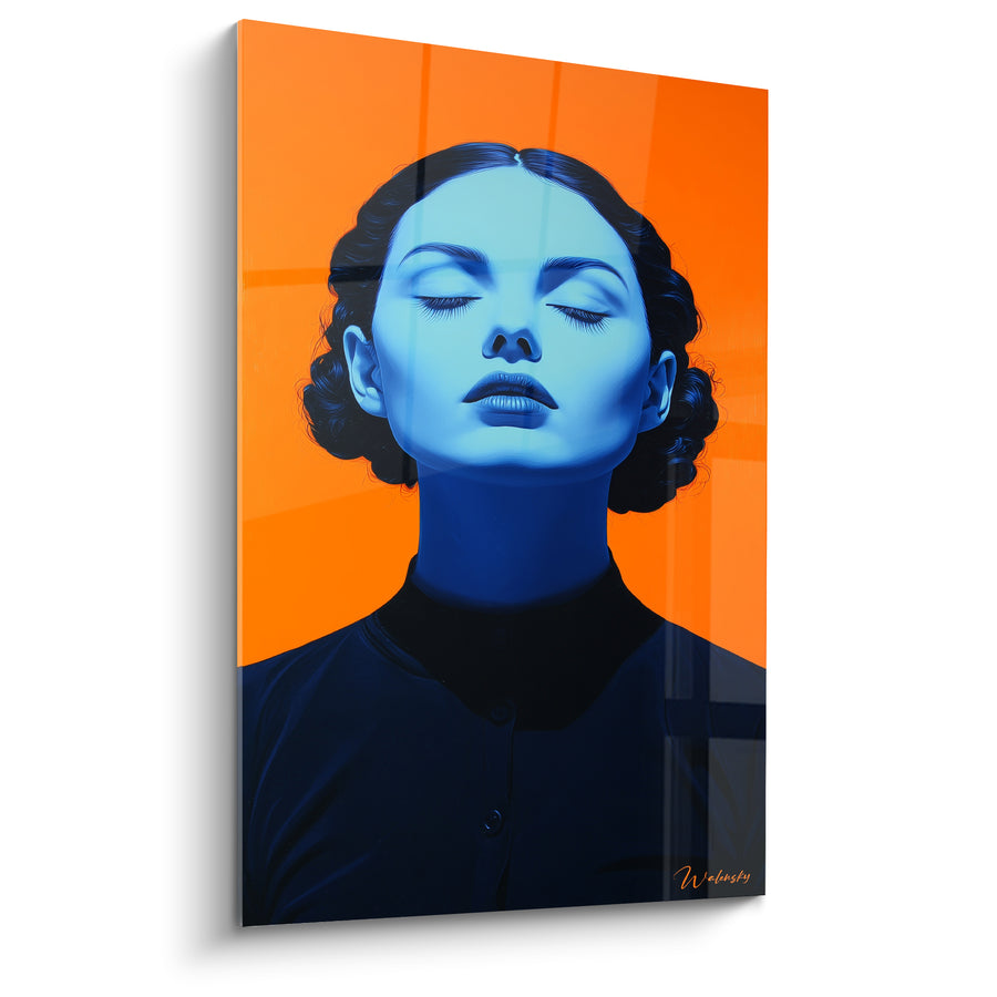 Tableau Portrait bleu au fond orange vif - Souffle suspendu - Edition Illustration de mode