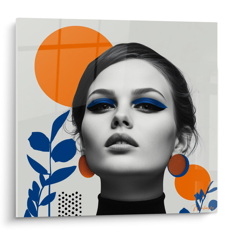 Tableau Portrait bleu et orange aux motifs graphiques - Regard captif - Edition Illustration de mode