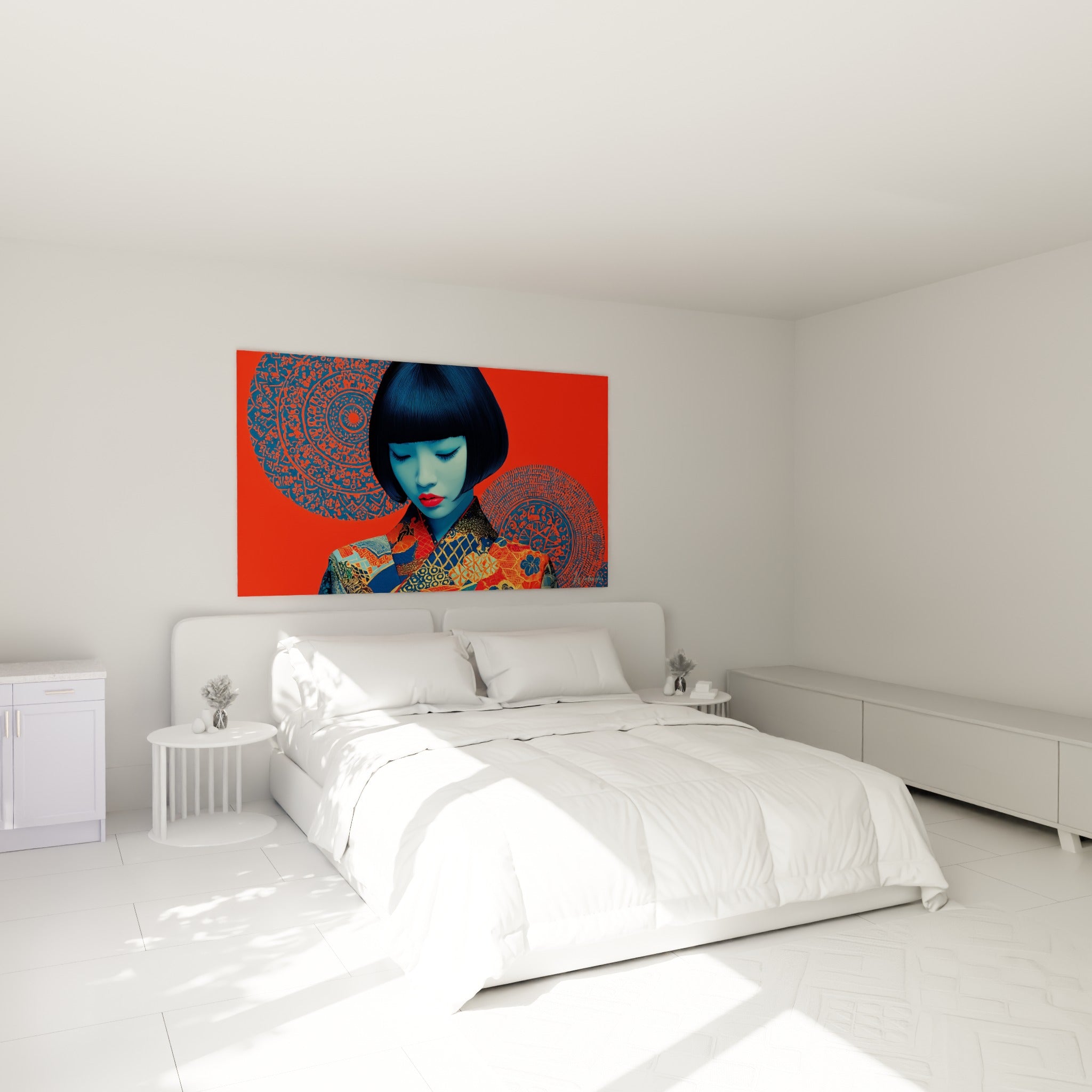 Visage bleuté aux lèvres rouges surplombant un lit dans une chambre claire, fond écarlate saisissant