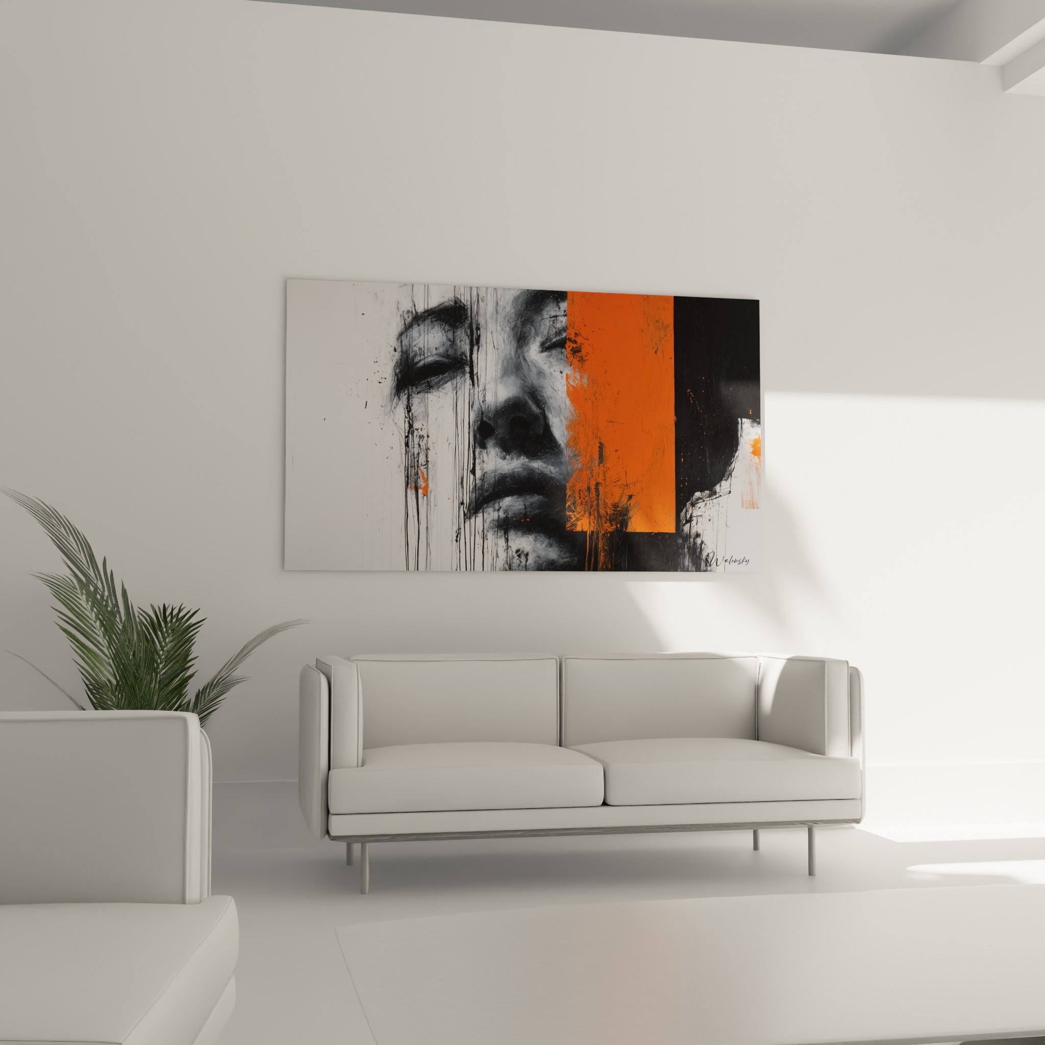 Portrait anthracite traversé d'orange intense, illustration de mode au-dessus d'un canapé dans un salon lumineux
