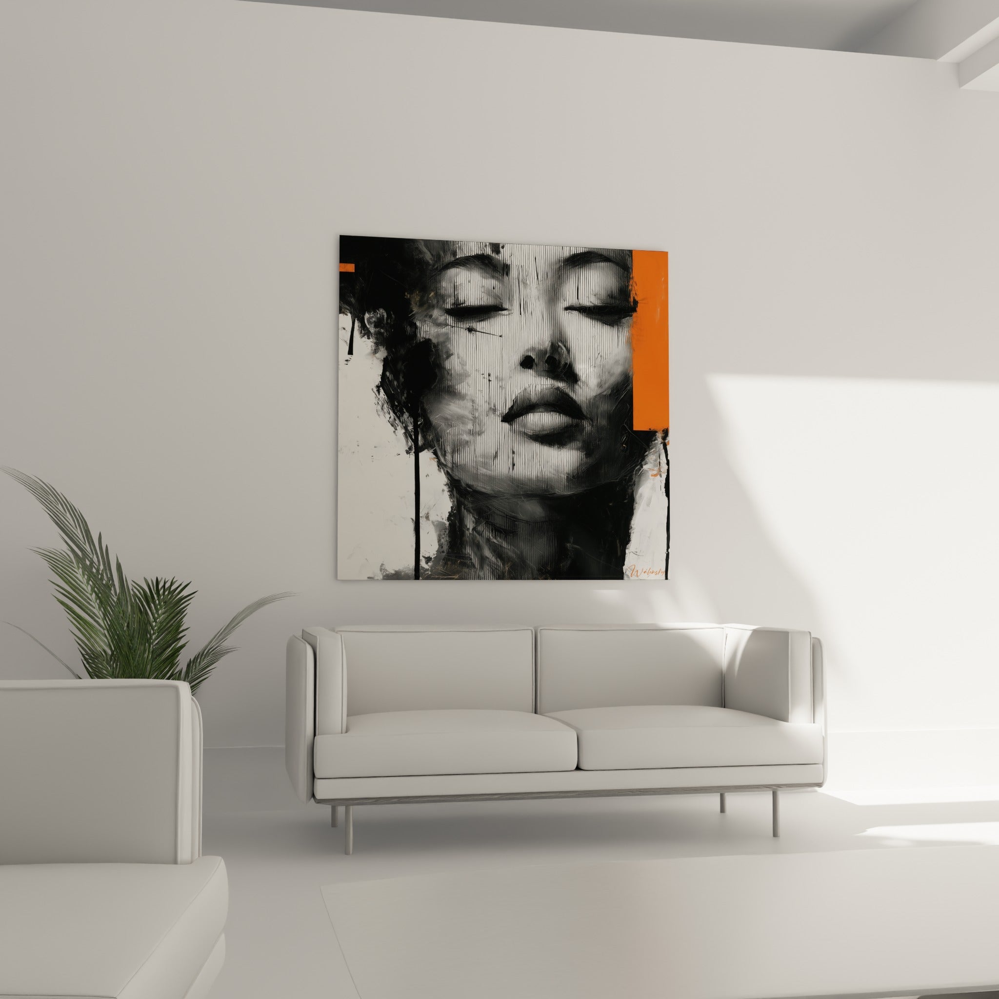 Traits sculptés en noir et blanc avec accents orange vibrant, suspendus au-dessus d'un canapé dans un salon lumineux