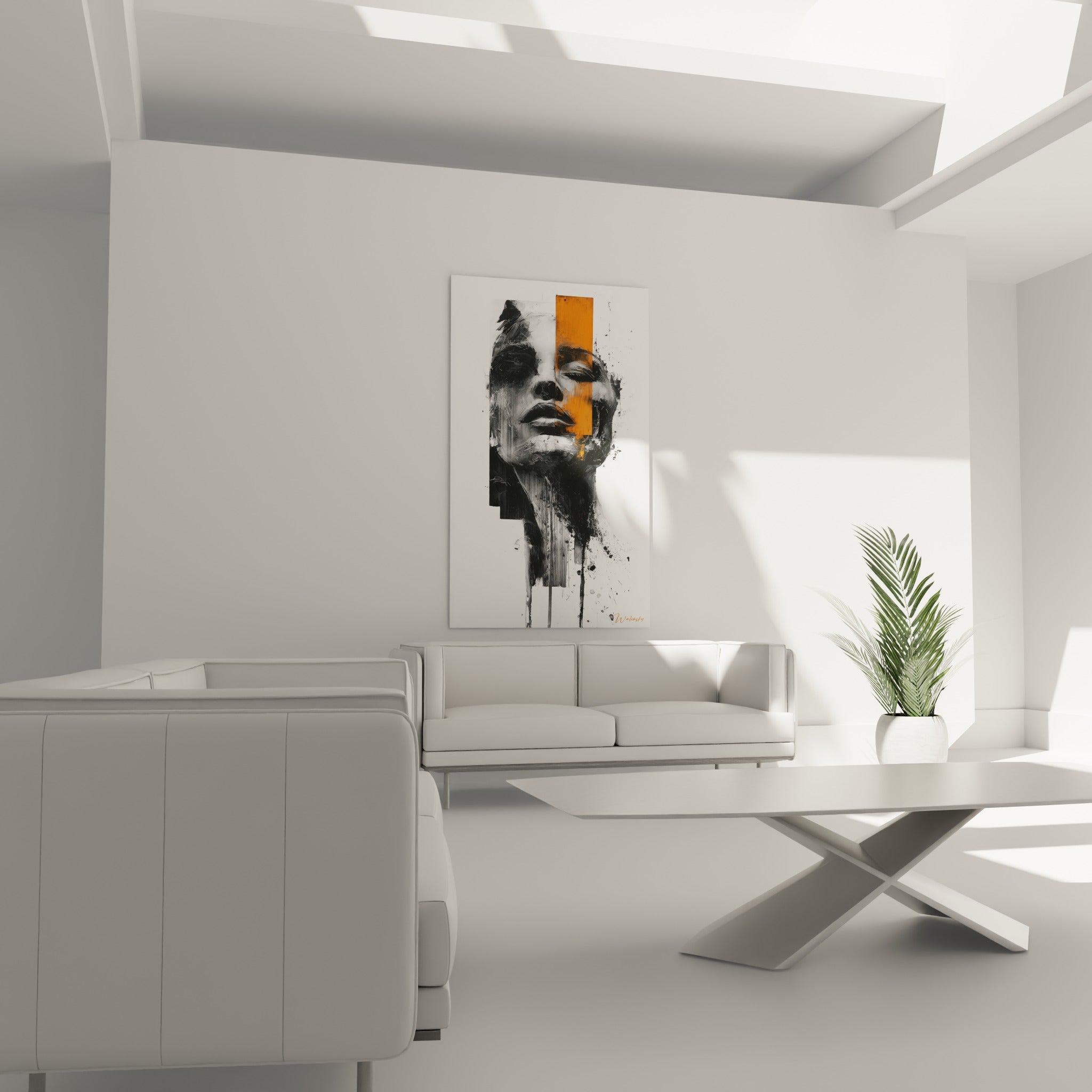 Visage fermé aux coulures anthracite et bandeau orange, disposé au-dessus d'un canapé dans un salon lumineux