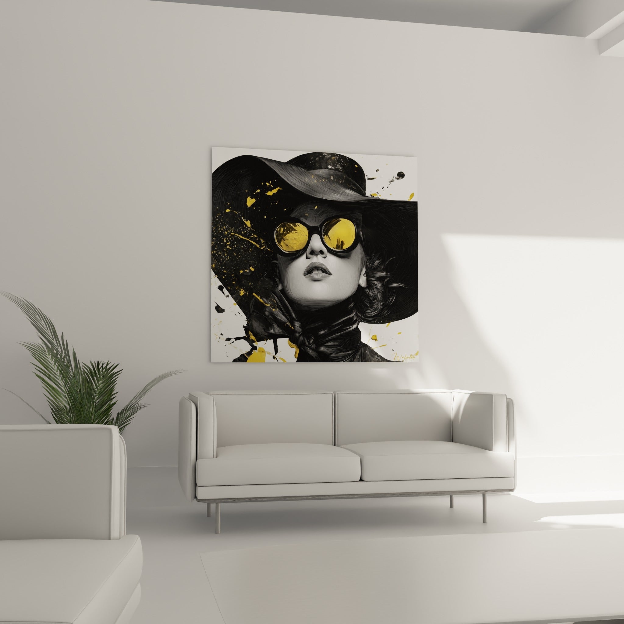 Visage esquissé au crayon sous chapeau noir, lunettes dorées lumineuses, au-dessus d'un canapé dans un salon lumineux