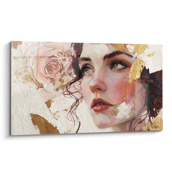 Golden and Blush Pink Female Portrait Painting - Dreamy Awakening - Fashion Illustration Edition
