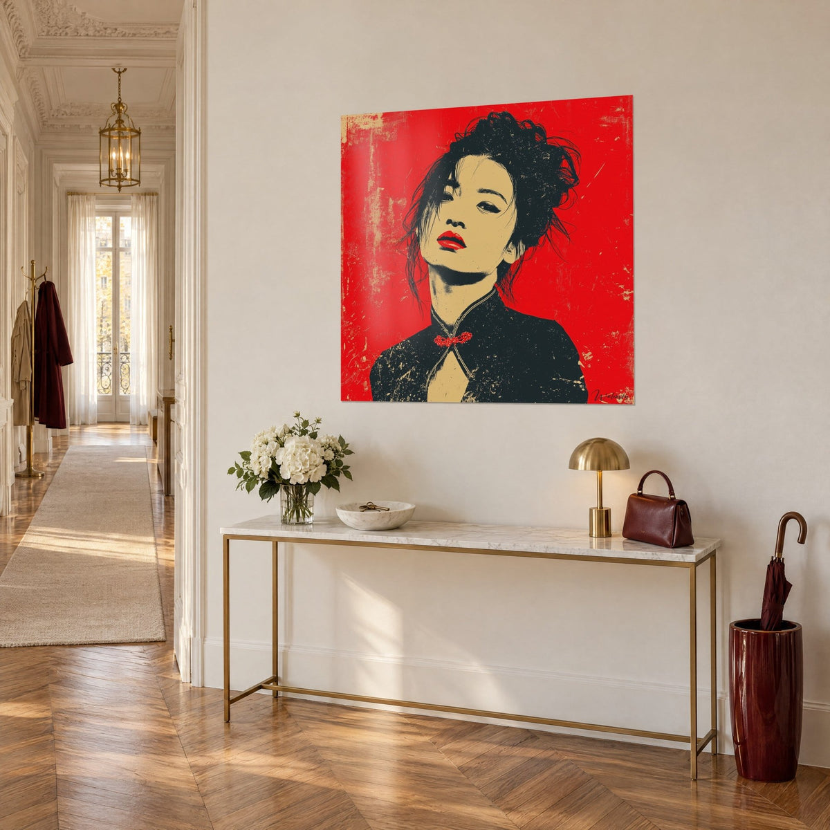 Wall art young woman with carmine red lips and a messy bun, flaking red and sand-beige background, on a Haussmann wall in three-quarter view