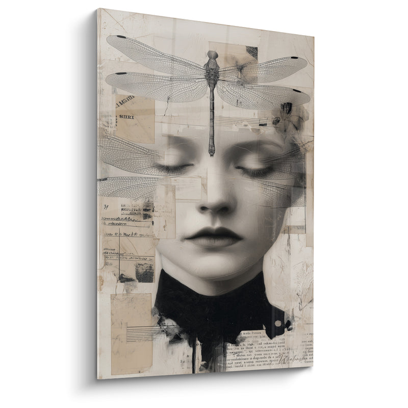 Tableau Visage libellule beige et noir manuscrit - Songe suspendu - Edition Illustration de mode