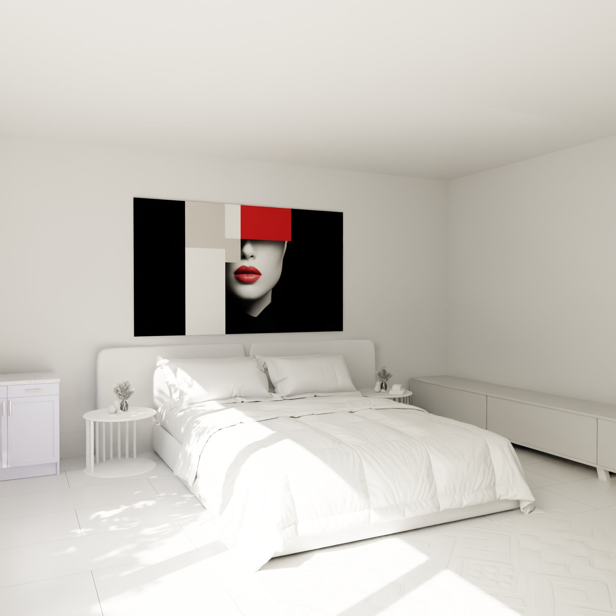 Illustration de mode lèvres rouges et blocs noirs au-dessus d'un lit dans une chambre claire
