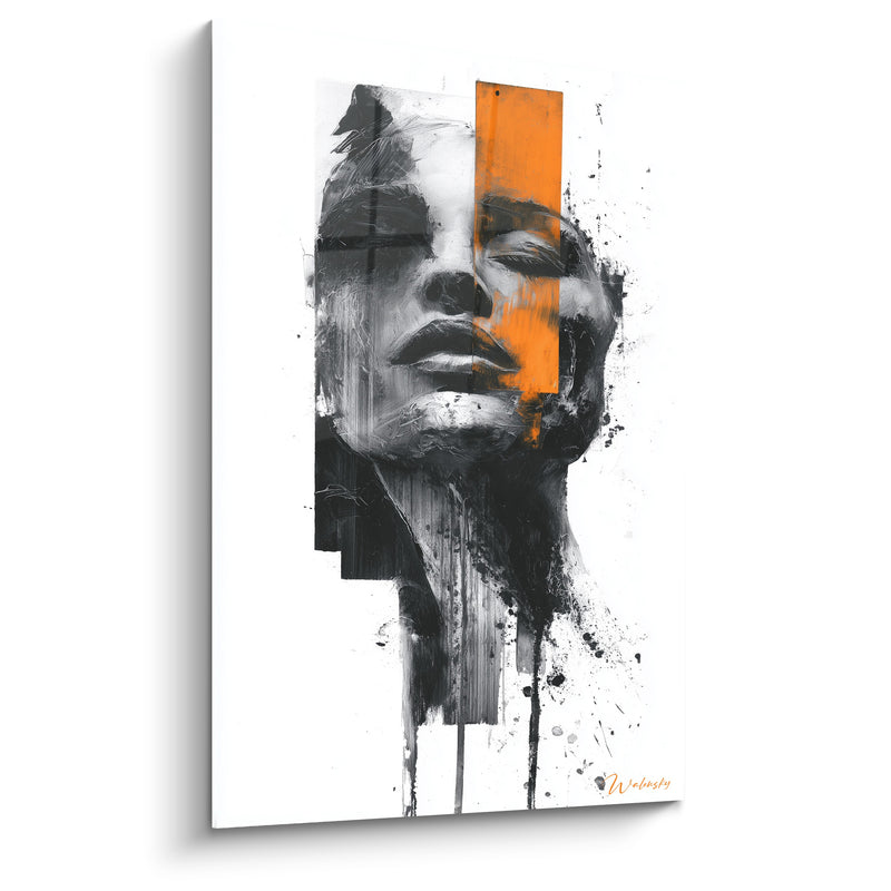Tableau Visage noir et orange aux coulures verticales - Yeux clos sereins - Edition Illustration de mode
