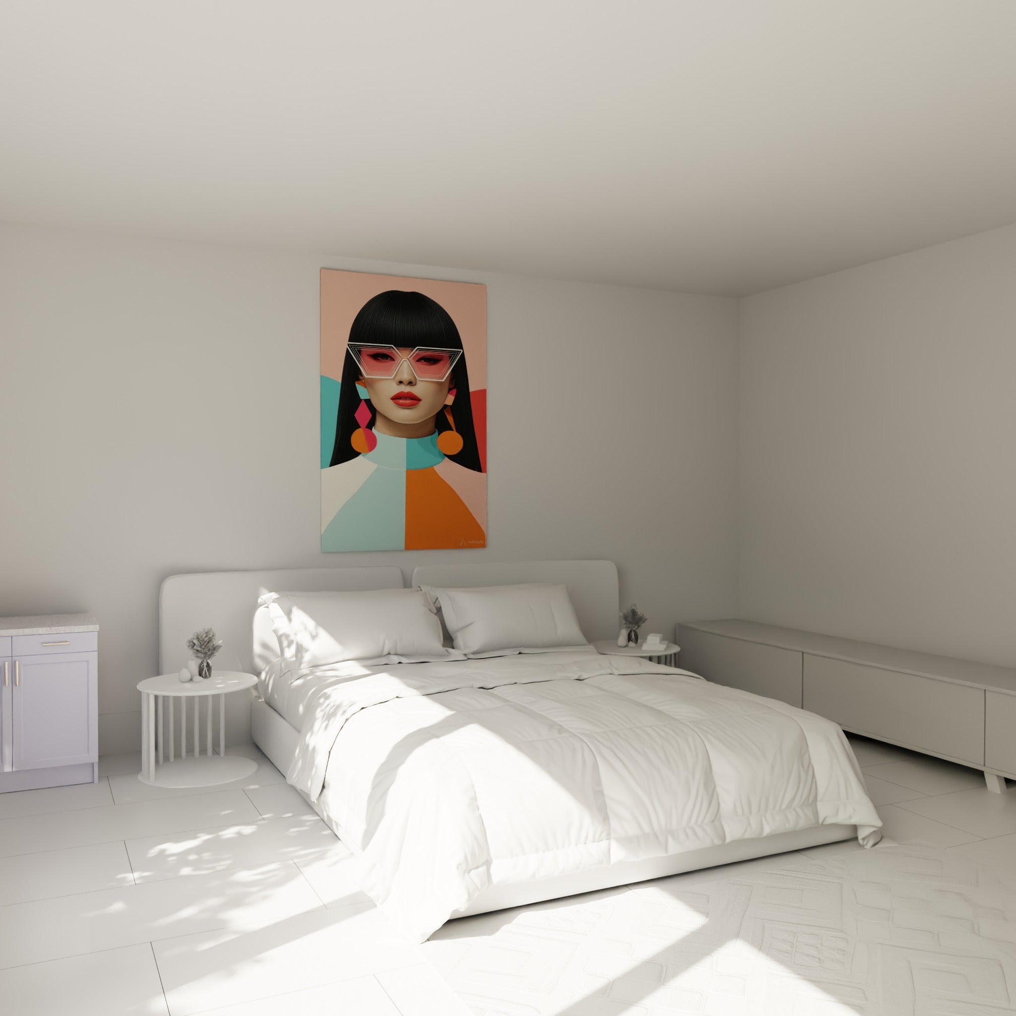 Portrait graphique rose et turquoise d'illustration de mode au-dessus d'un lit dans une chambre claire