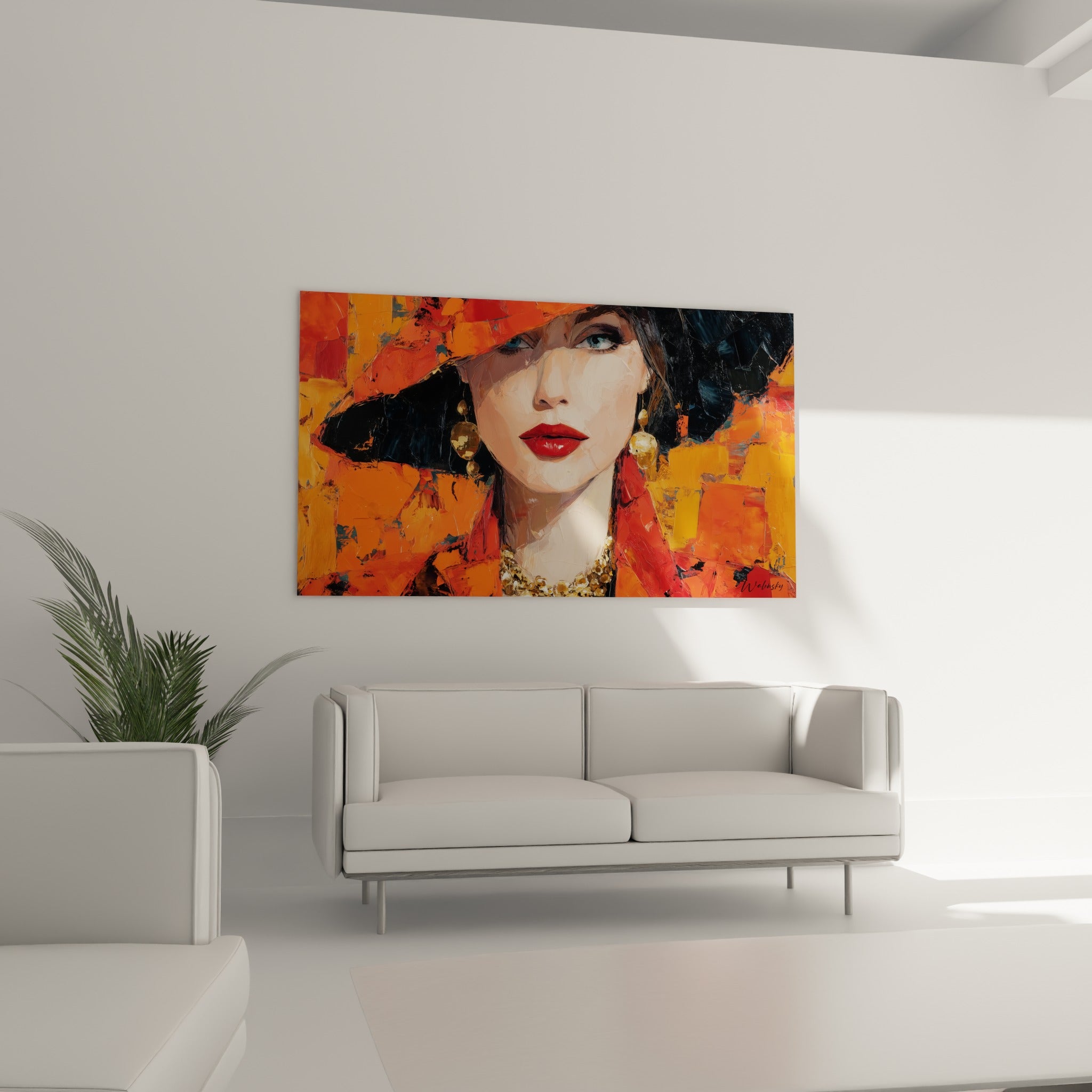 Visage voilé par un large chapeau noir, boucles dorées et fond orange vif, au-dessus d'un canapé dans un salon lumineux
