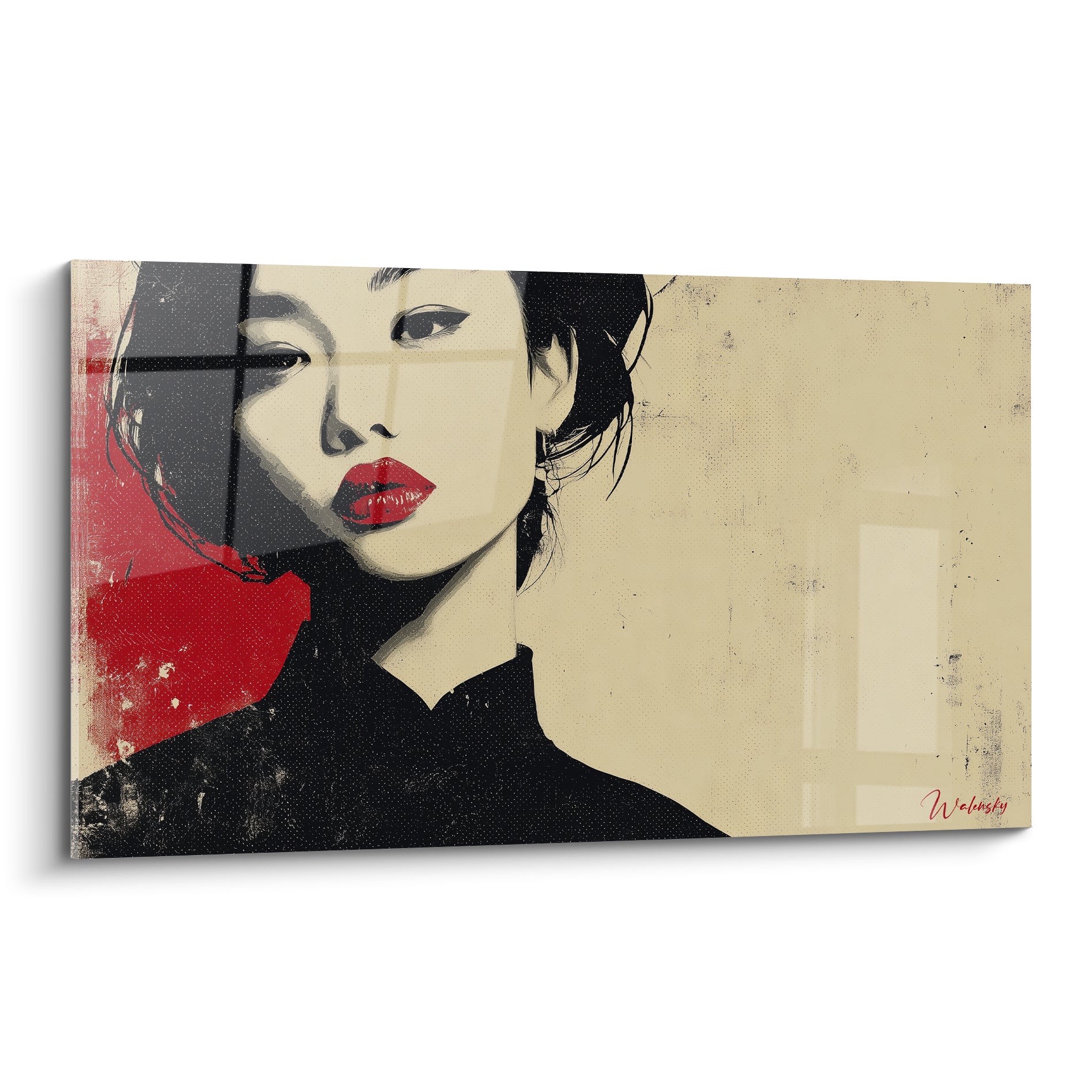 Visage féminin aux lèvres rouges et fond beige texturé, illustration de mode graphique intense