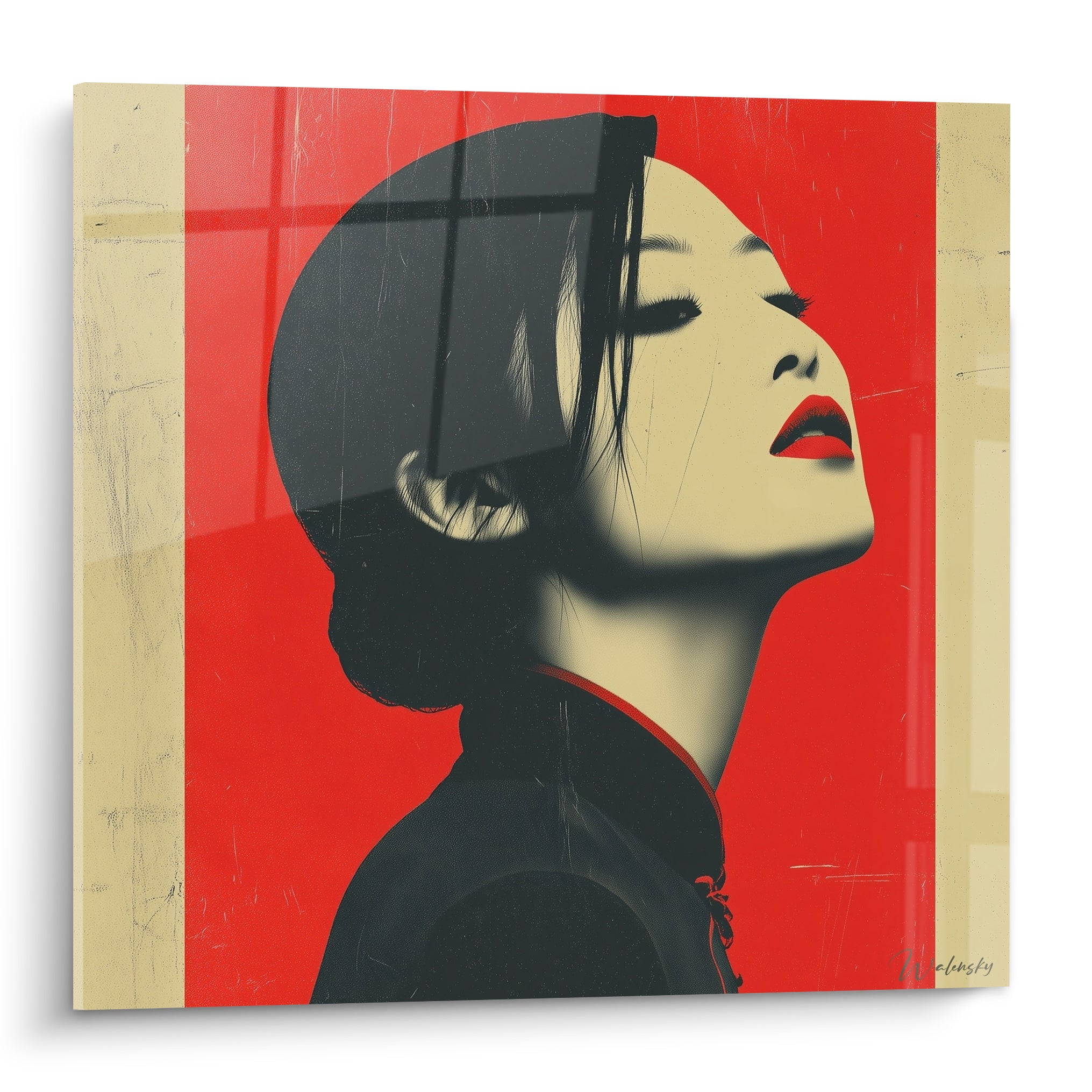 Femme au menton levé, lèvres rouge carmin, fond écarlate et bandes beiges, style affiche graphique