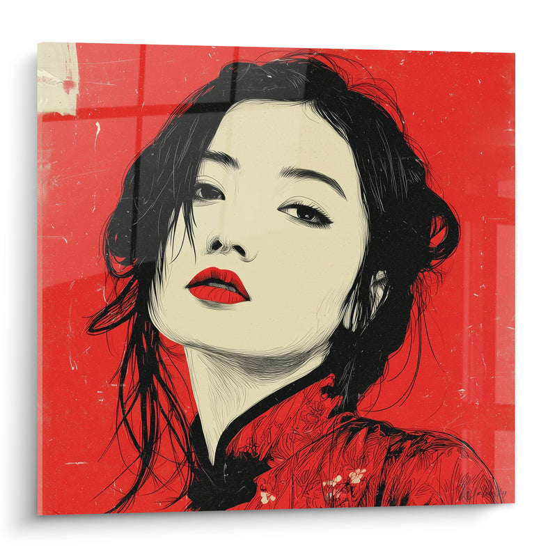Tableau Portrait féminin rouge et noir intense - Regard qui défie - Edition Illustration de mode