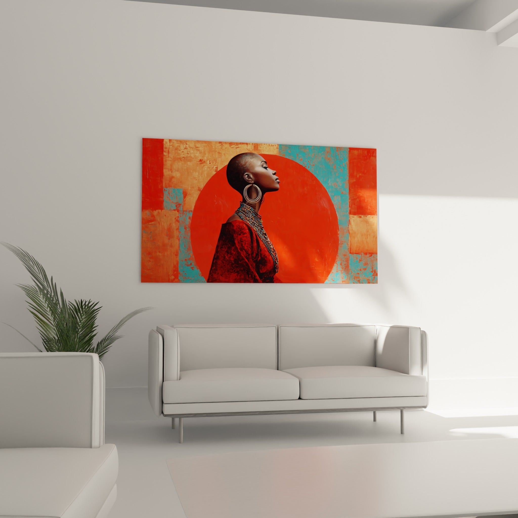 Femme au crâne rasé, cercle orange vif et collier de perles multicolores, au-dessus d'un canapé dans un salon lumineux