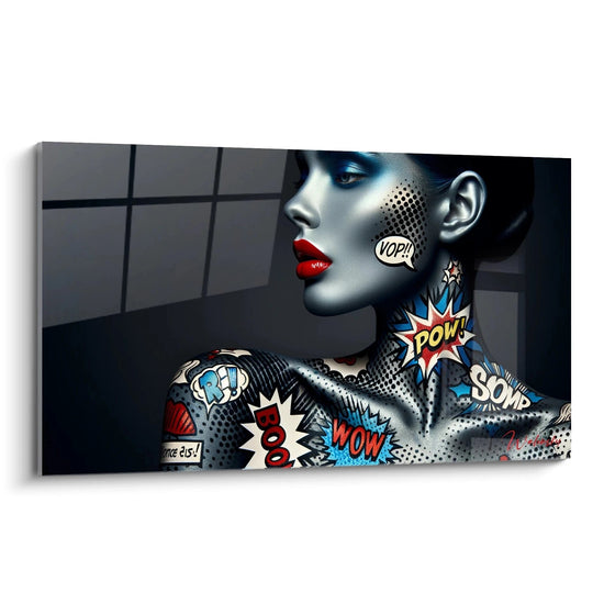 "Quadro in vetro acrilico Pop Art / Retrò, vista obliqua, che mostra colori vivaci e motivi retrò distintivi. Arte murale moderna per decorazione d'interni."