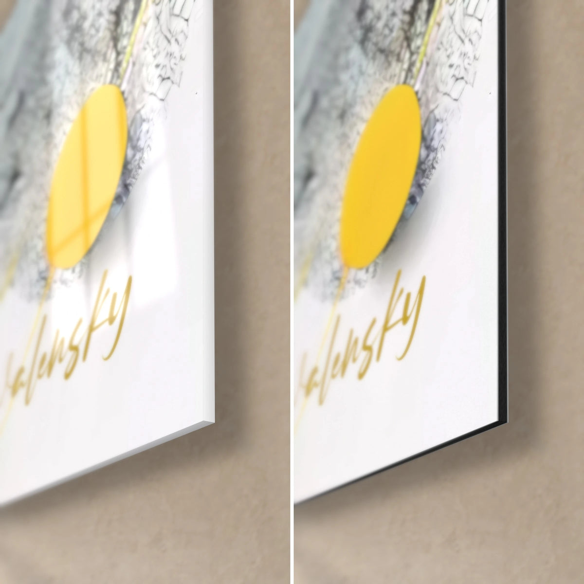 Quadro astratto in giallo e nero, angolo in basso a destra: vetro acrilico lucido con riflessi, alluminio Dibond opaco, spessore 3 mm