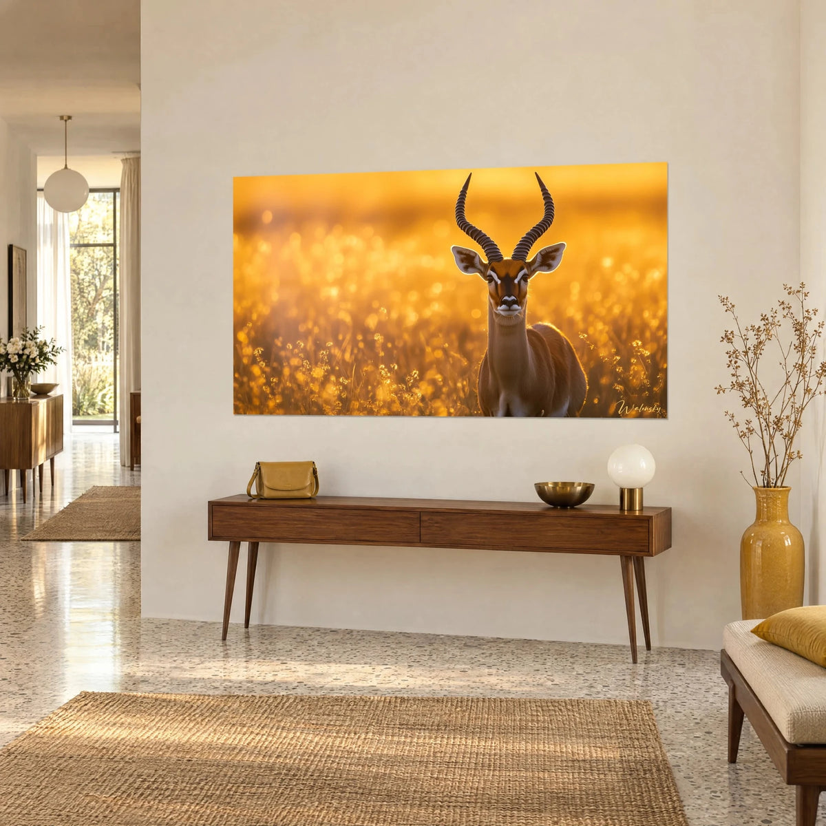 Gemälde Antilope mit weißer und schwarzer Schnauze, direkter Blick, verschwommener bernsteinfarbener Hintergrund, leuchtendes Ocker, auf einer Konsole aus Teakholz