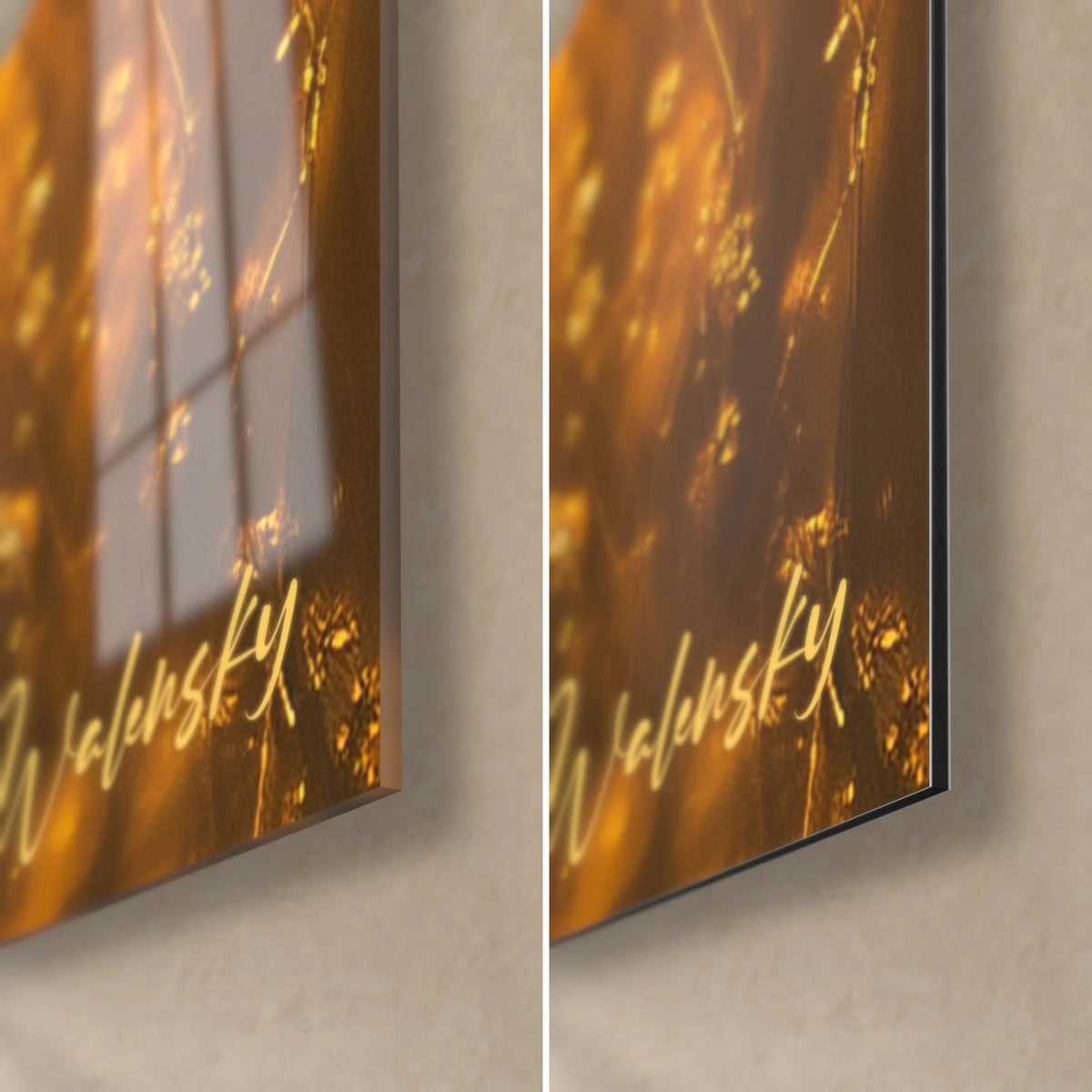 Gemälde Impala mit spiralförmigen Hörnern, untere rechte Ecke, glänzendes Acrylglas mit Reflexen und mattes Alu-Dibond in goldenem Ocker, 3 mm Kante