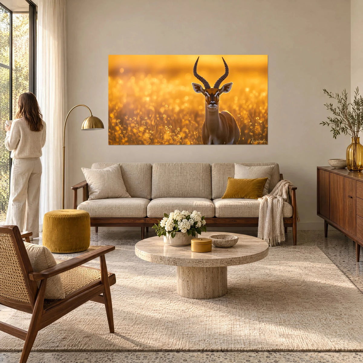 Gemälde Impala mit spiralförmigen Hörnern in goldenen Gräsern im Morgengrauen, Ocker und Bernstein, über einem Sofa in einem hellen Wohnzimmer