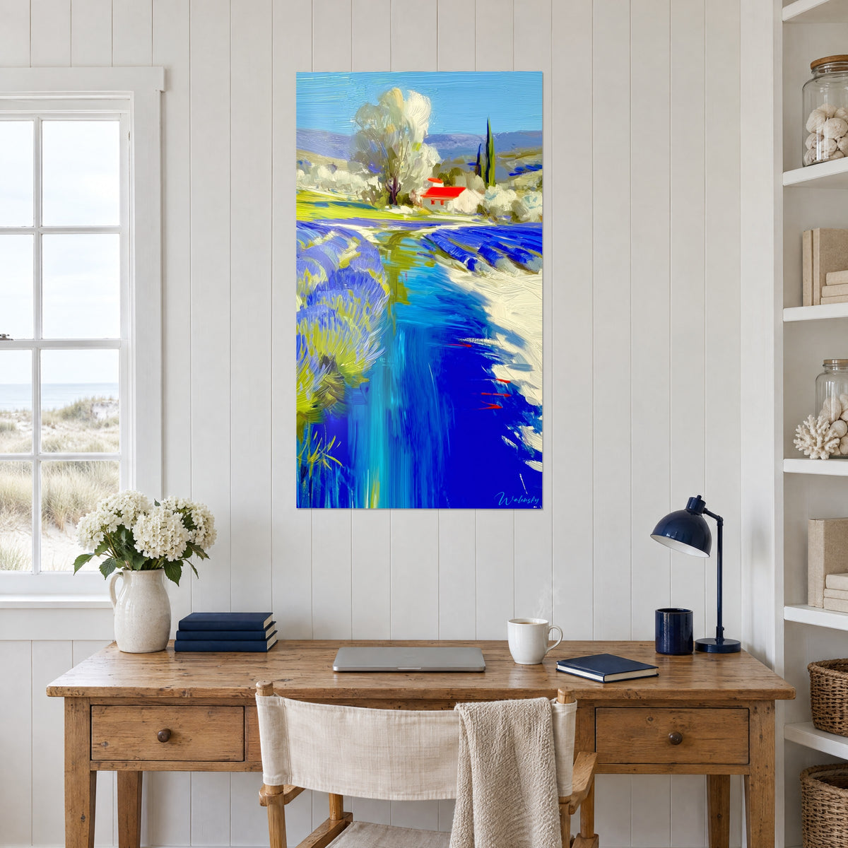 Quadro campagna provenzale impressionista, salice color crema e acqua zaffiro segnata da tratti rossi, sopra una scrivania in legno