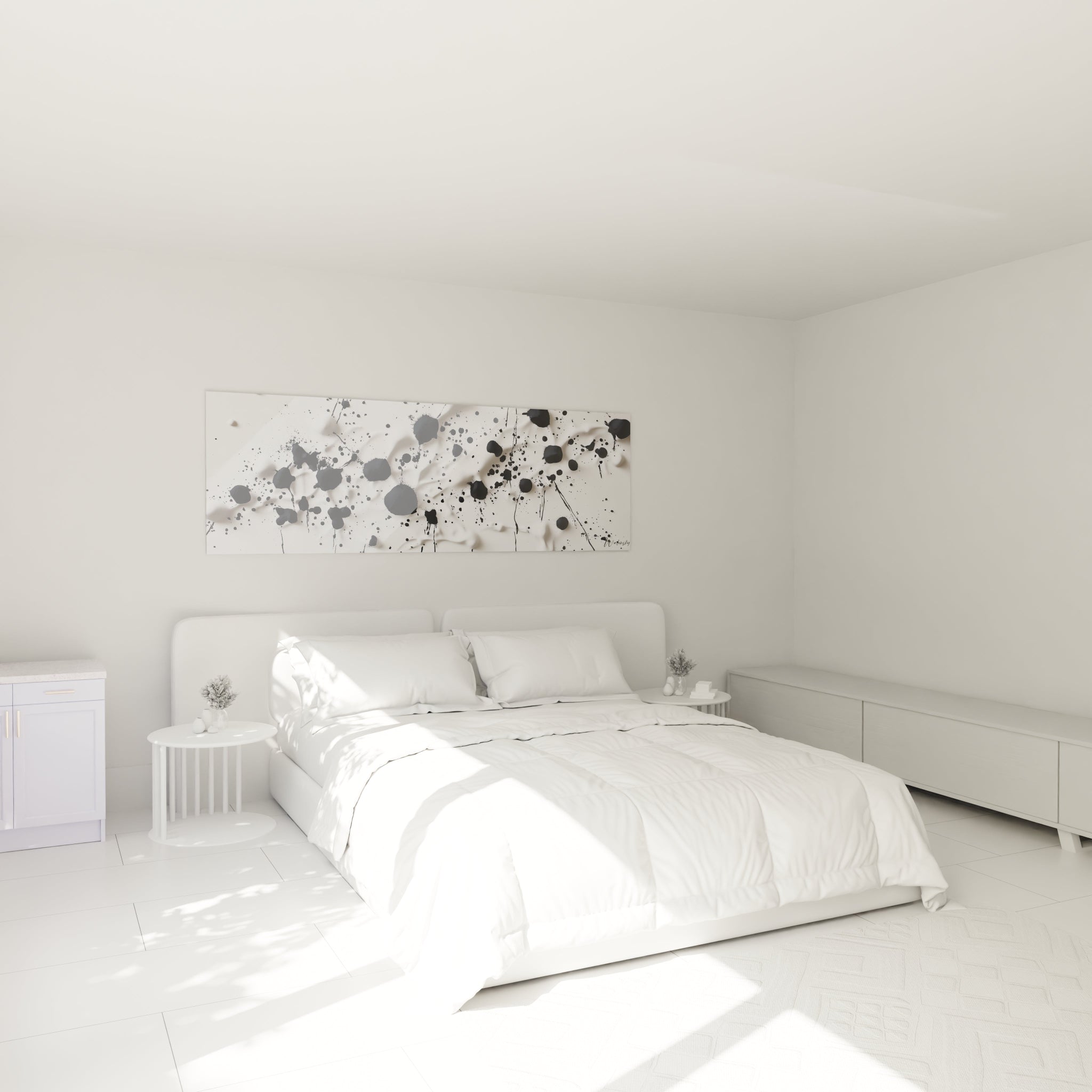 Tableau tacheté noir et blanc Walensky décorant une chambre moderne et lumineuse