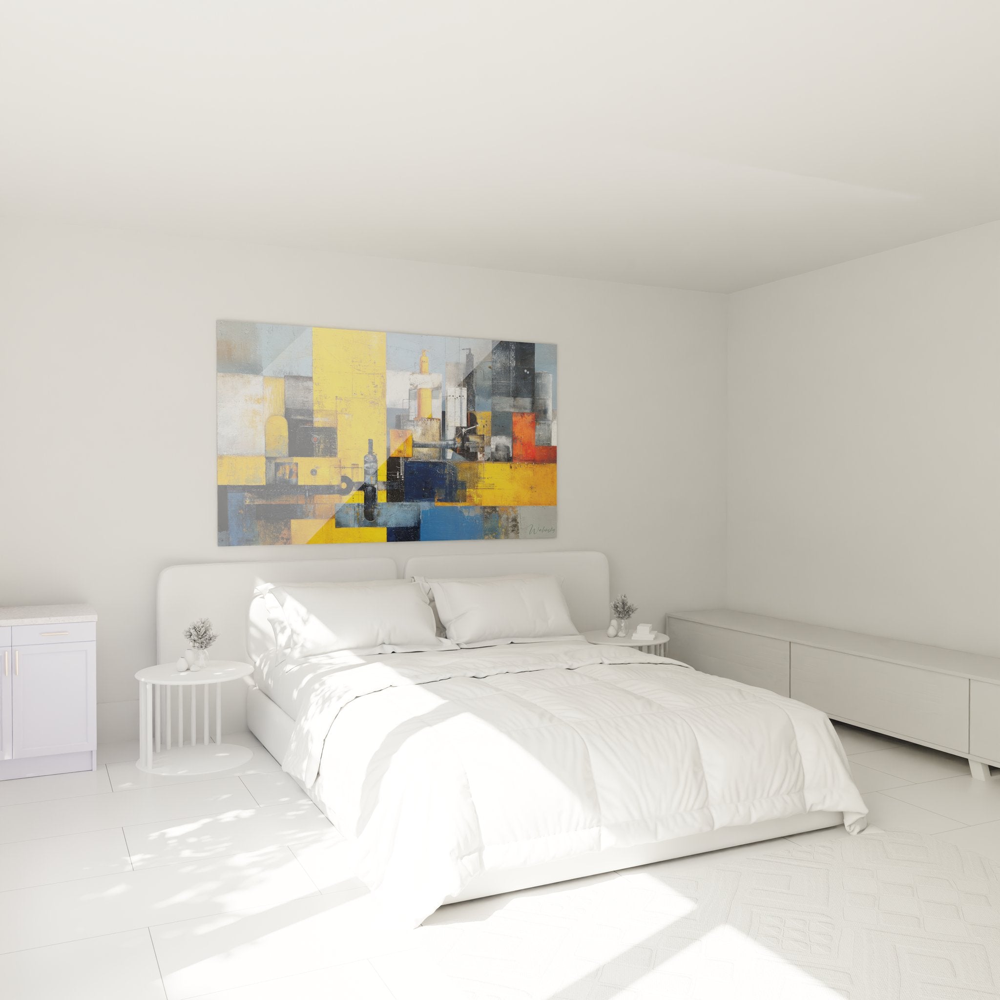 Tableau mural abstrait industriel dans chambre moderne avec palette jaune et bleue