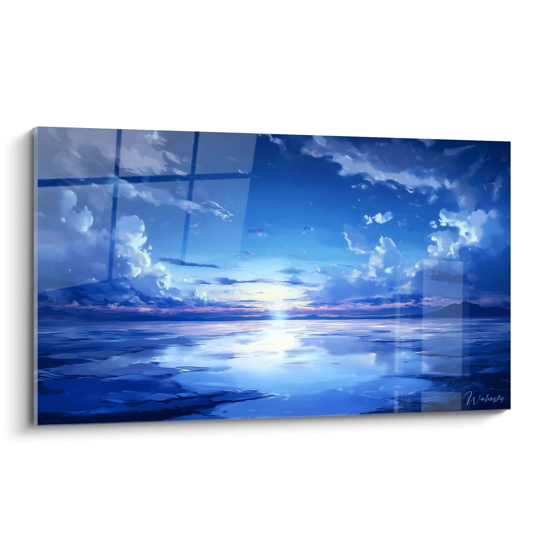 Un tableau paysage marin représentant un vaste horizon où ciel et eau se rejoignent dans des nuances de bleu profond. Un chemin de lumière blanche traverse la composition verticalement, créant un reflet lumineux sur la surface calme de l'océan, encadré par des nuages vaporeux.
