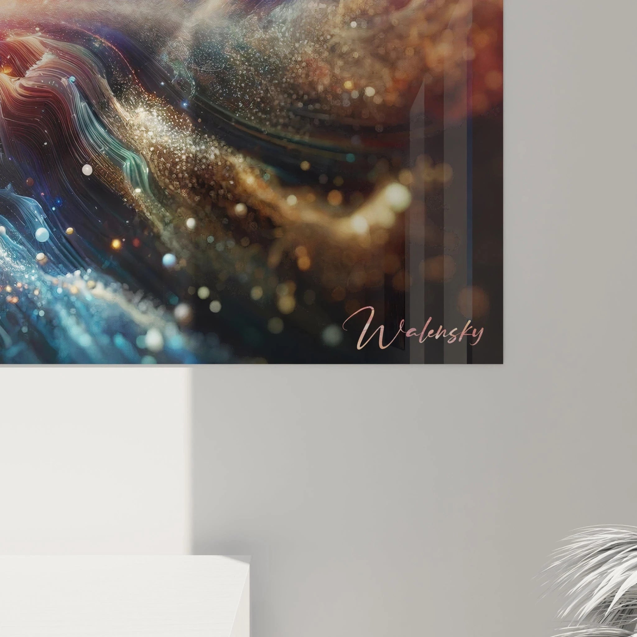 Un tableau abstrait centré sur des volutes colorées rayonnant vers l’extérieur, avec des tons de cuivre, indigo, fuchsia et argent, et une texture en filaments et éclats lumineux.


