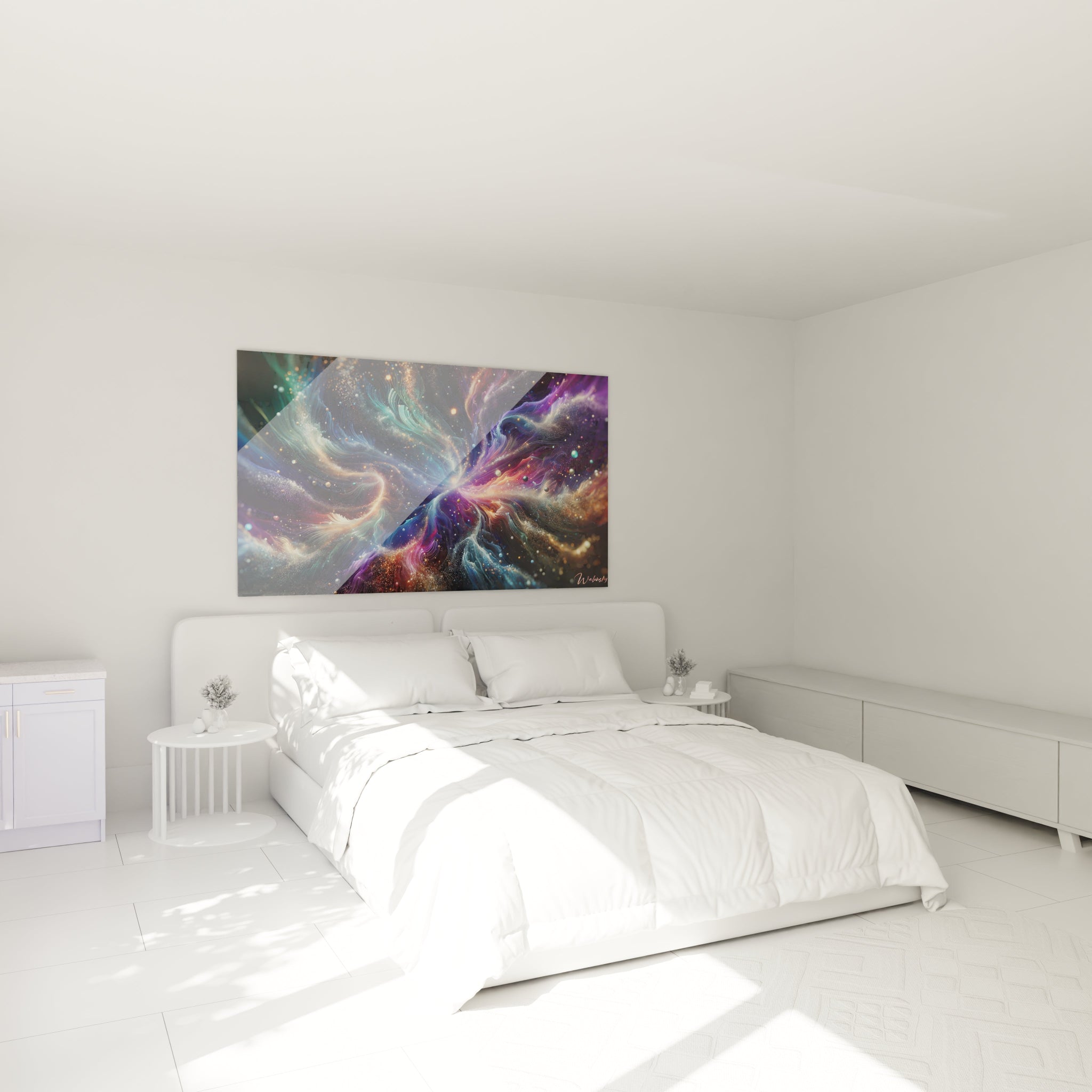 Un tableau abstrait structuré autour d’un vortex central, mêlant des couleurs vives comme le turquoise, le rose, le doré et le violet, avec des textures fluides et scintillantes.

