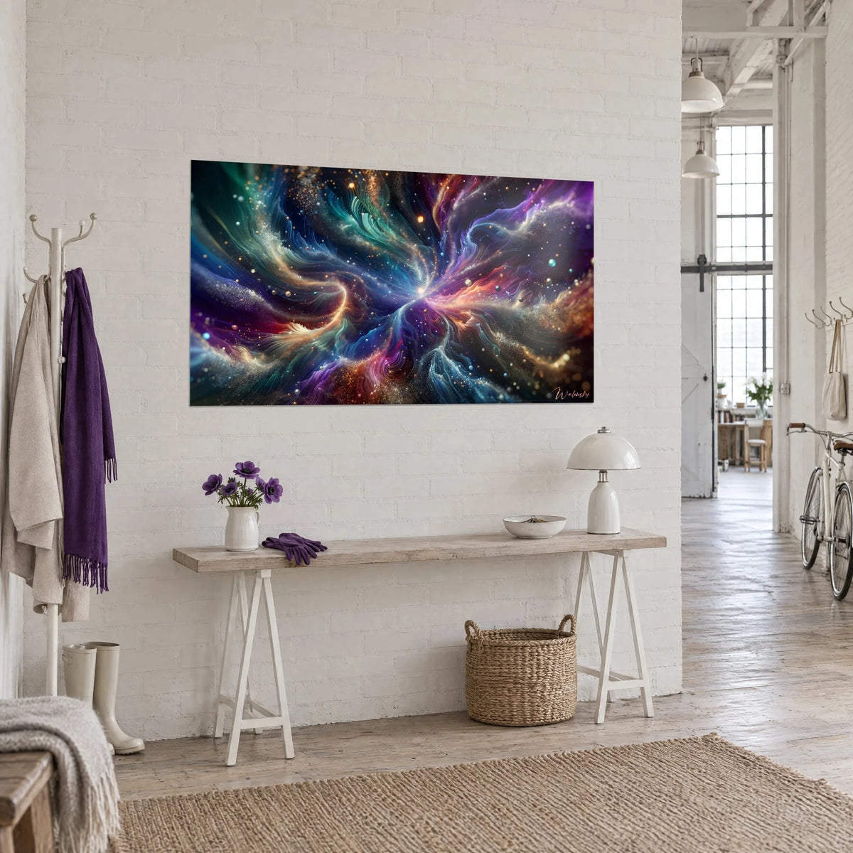 Gemälde abstrakte Galaxie mit magentafarbenen und nachtblauen Schwüngen, bernsteinfarbene Funken um einen leuchtenden Kern, an weißer Wand eines Lofts