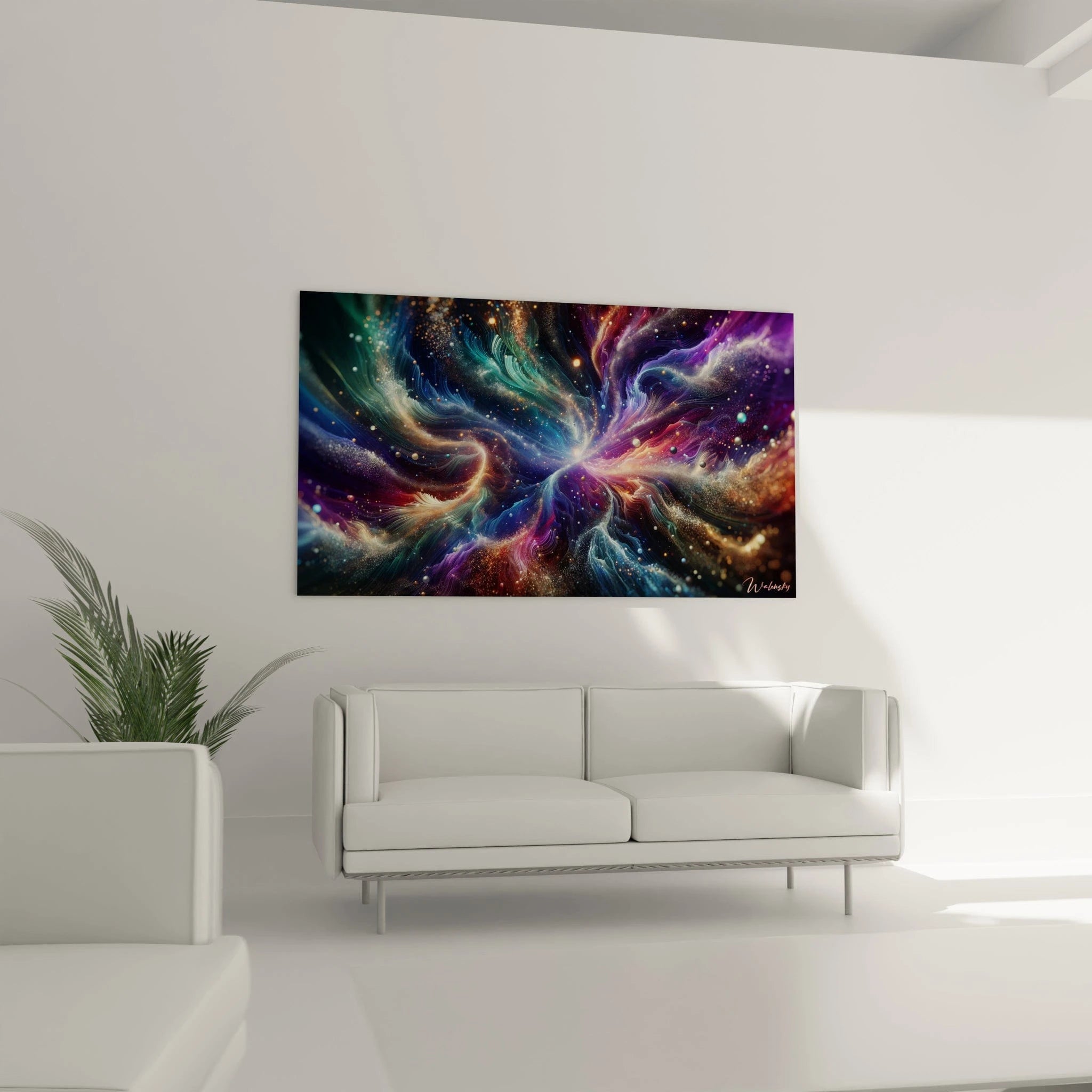 Un tableau abstrait montrant une composition dynamique de lignes courbes et particules flottantes, aux teintes dominantes de bleu nuit, doré, magenta et vert émeraude.

