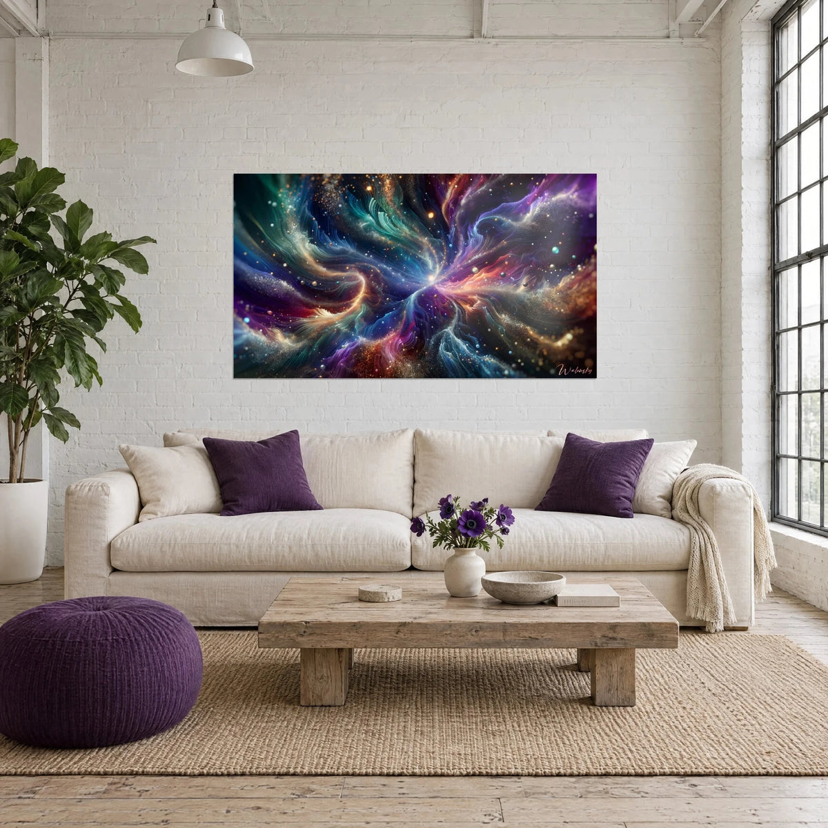 Gemälde kosmischer Nebel in Violett und Türkis, goldener Wirbel und Sternenstaub, über einem Sofa in einem hellen Wohnzimmer
