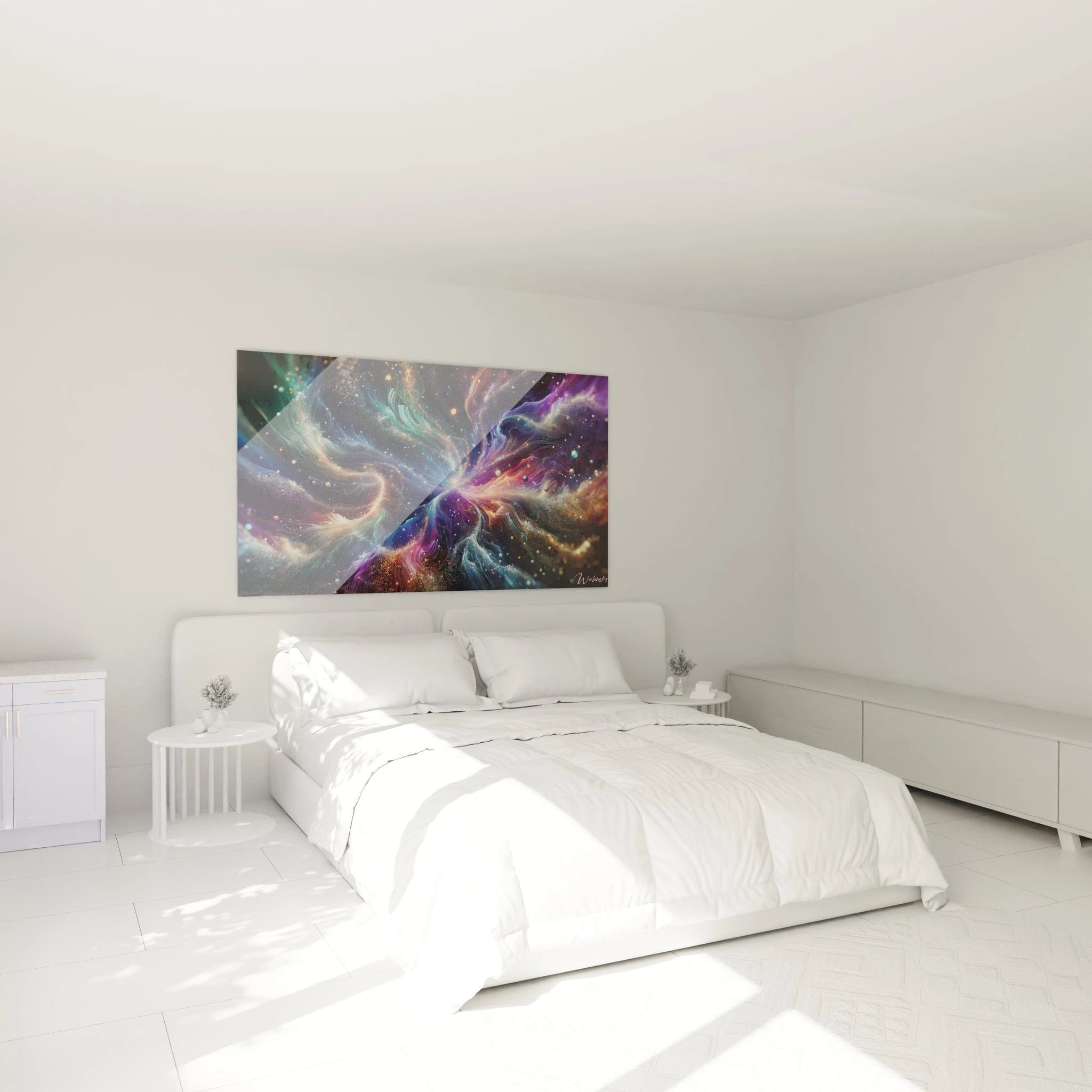 Un tableau abstrait structuré autour d’un vortex central, mêlant des couleurs vives comme le turquoise, le rose, le doré et le violet, avec des textures fluides et scintillantes.

