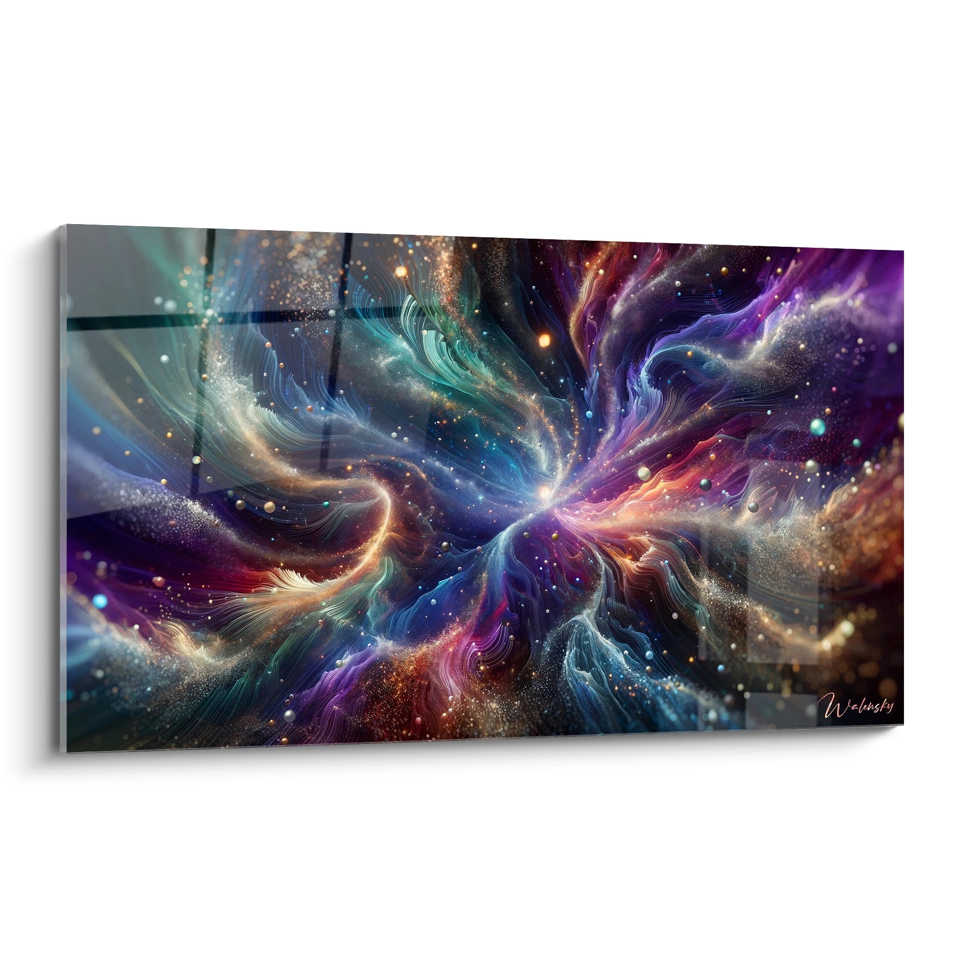 Un tableau abstrait représentant une explosion de particules multicolores avec des nuances de bleu, violet, orange et or, et des effets de filaments lumineux en mouvement.

