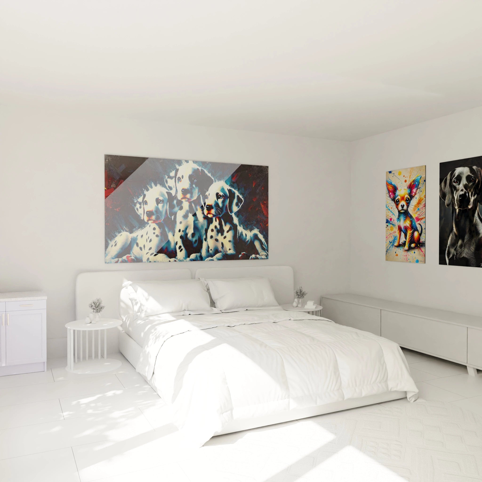 Accroche ce tableau chien au-dessus du lit pour transformer votre chambre avec une touche d’art moderne et animalier. Les chiots dalmatiens apportent une douceur visuelle et une énergie contemporaine.

