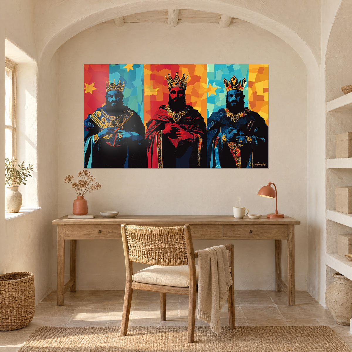 Schilderij met gestileerde portretten van drie koningen, blauwig gezichten, met goud versierde capes, rode en petrolkleurige achtergrond, bureau van licht hout