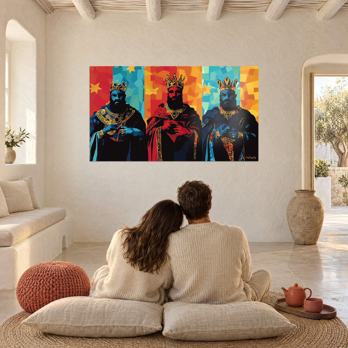 Schilderij Aanbidding der Wijzen in popartstijl, drie bebaarde koningen met gouden kronen, gele sterren, een koppel van achteren op kussens