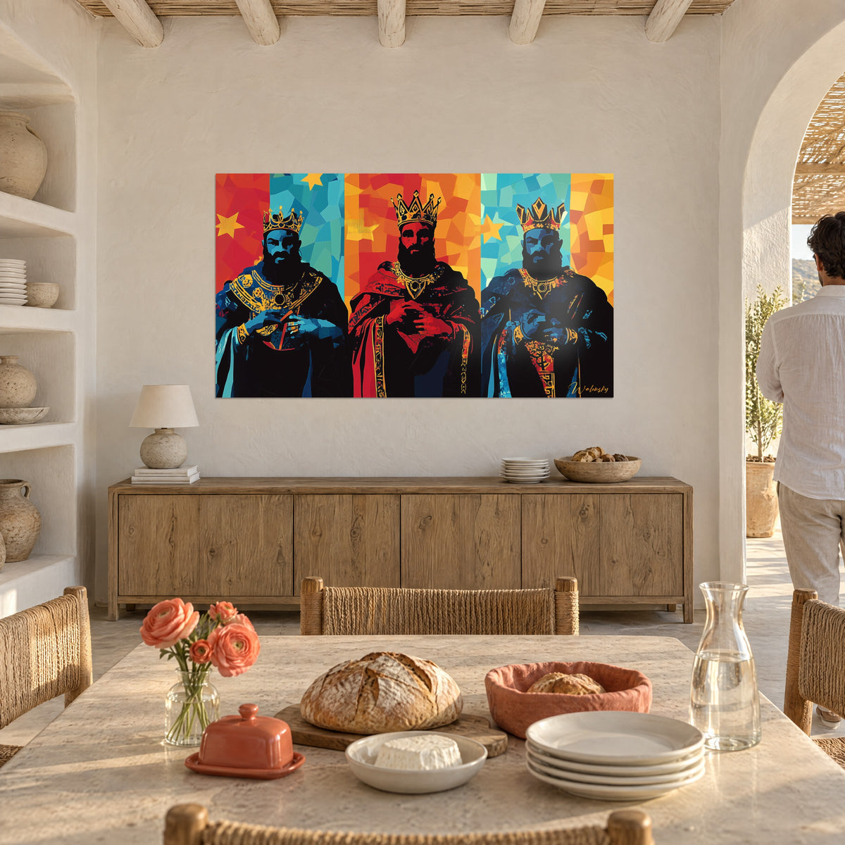 Schilderij van gekroonde wijzen in kobaltblauwe en vermiljoenkleurige vlakken, gouden sieraden, amberkleurige en turquoise achtergrond, mediterrane eetkamer