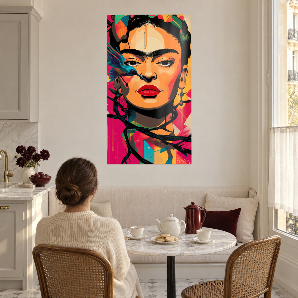 Quadro pittura grafica di una donna dallo sguardo scuro, colibrì blu e rami neri, toni rosa e arancio, di fronte a un tavolo apparecchiato