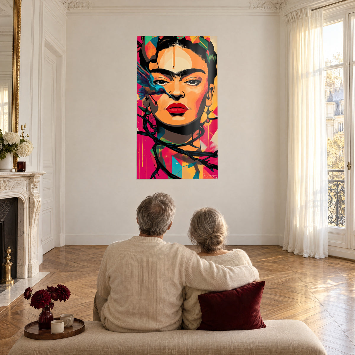 Quadro effigie colorata con labbra rosse, spine nere e colibrì blu, sfondo rosa e giallo, contemplata da due persone sedute di spalle