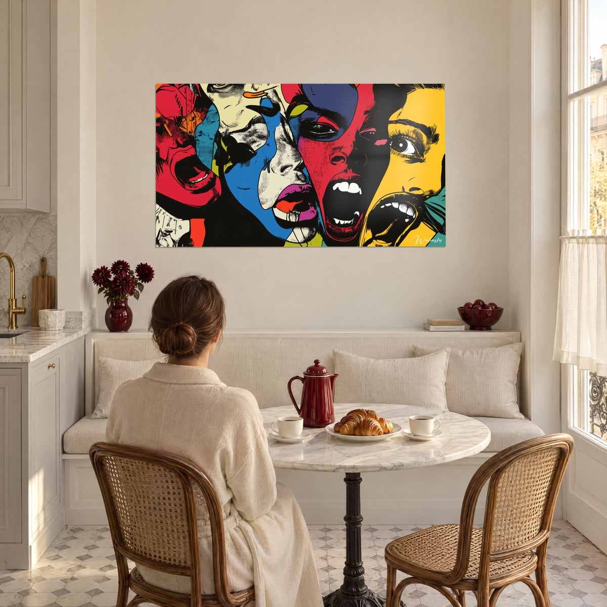 Πίνακας με stylized κραυγές σε επίπεδες επιφάνειες κόκκινου, μπλε και κίτρινου, μοβ χείλη και λευκά δόντια, απέναντι σε γυναίκα καθισμένη σε τραπέζι κουζίνας