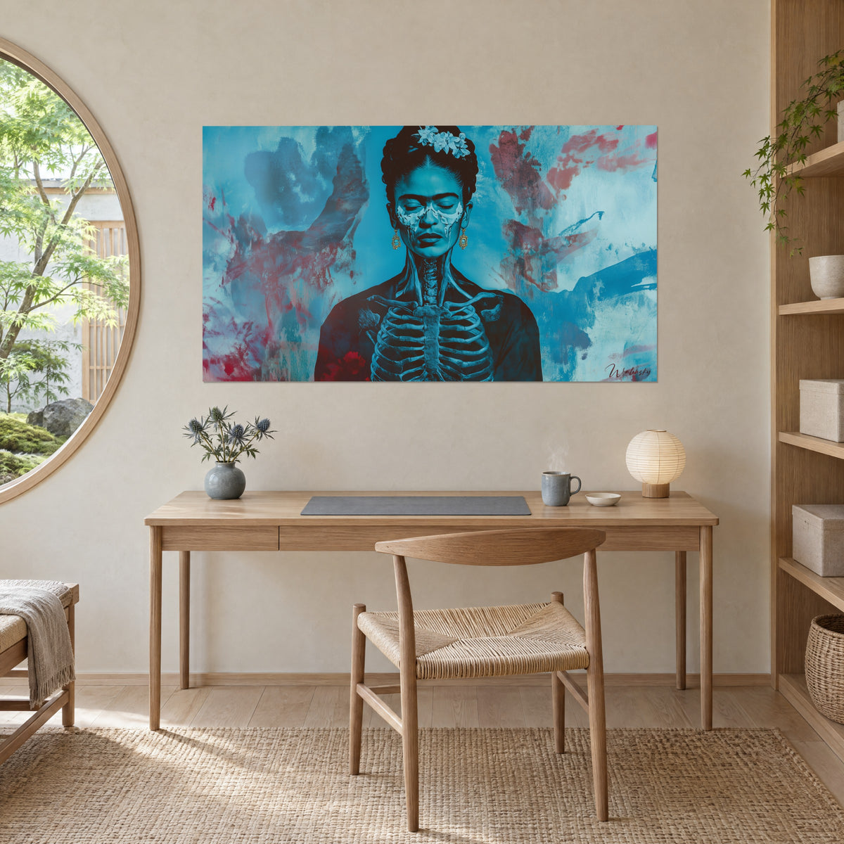 Schilderij skeletbuste in petrolblauw, scharlakenrode druipsporen en een bloemenknot, opgehangen boven een bureau van licht hout naast een ronde raam