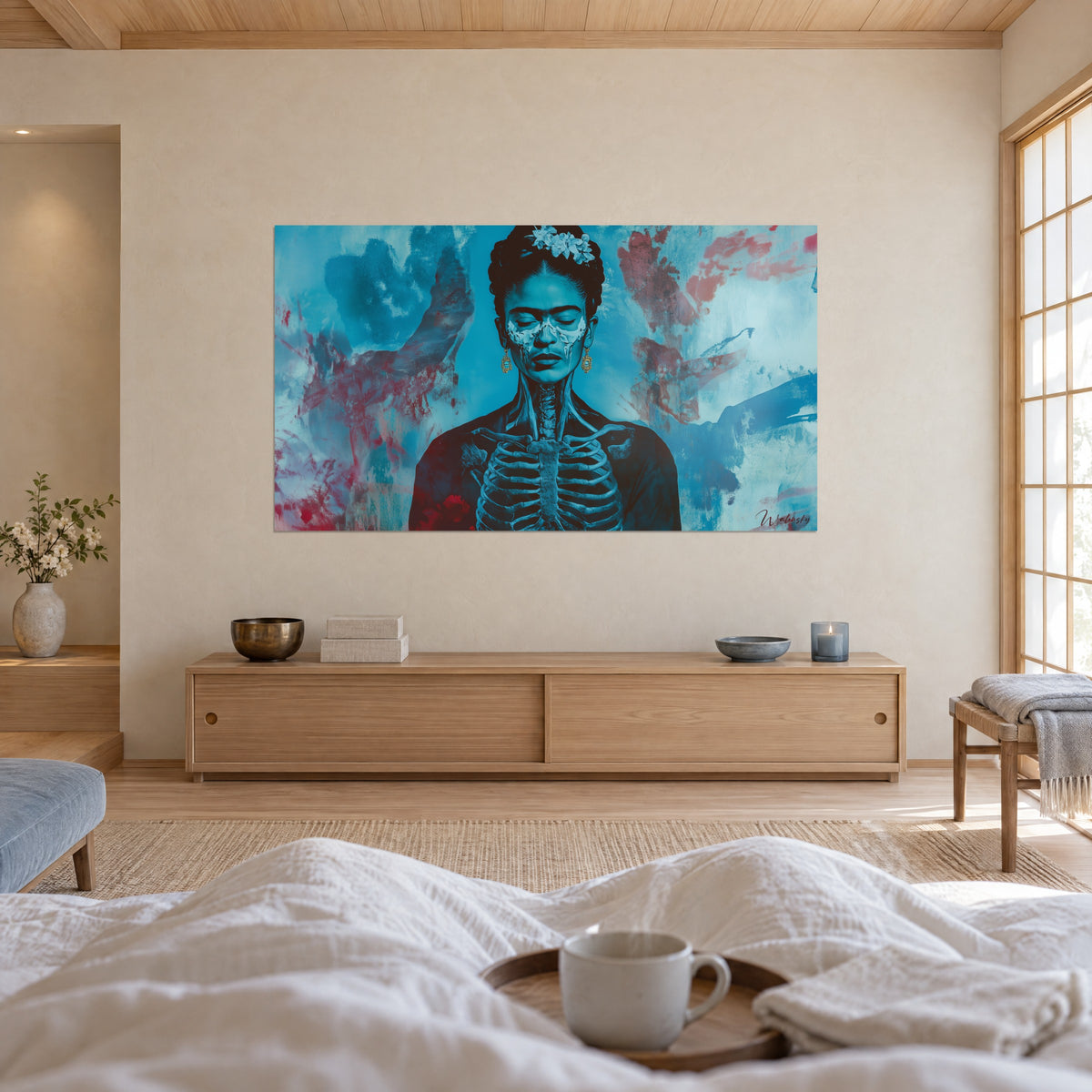 Schilderij gezicht geschilderd met witte tranen, cyaan botstructuur en rode accenten, bekeken door twee personen met hun rug naar de kijker boven een bed in een lichte slaapkamer