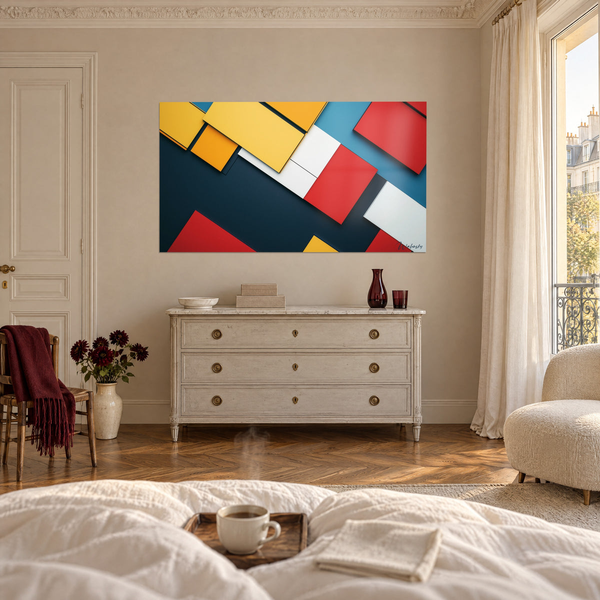 Cuadro mosaico de cuadrados rojos, amarillos y blancos en diagonal, sobre una cama en un dormitorio luminoso
