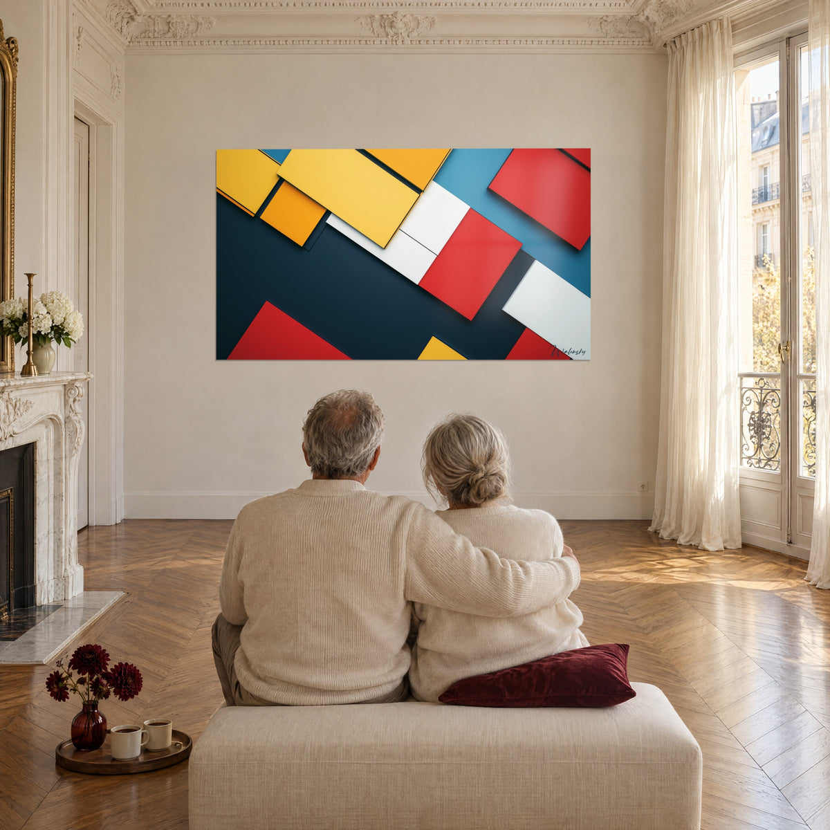 Cuadro geometría De Stijl en rojo, amarillo y blanco sobre fondo azul oscuro, pareja sentada de espaldas, apartamento haussmanniano