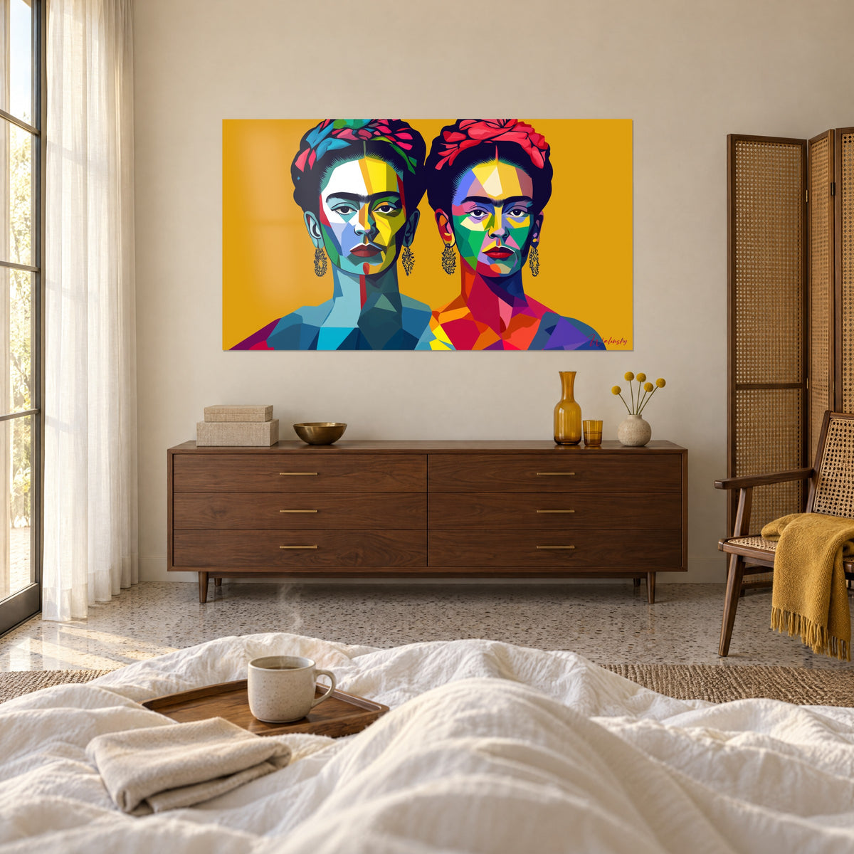 Schilderij Mexicaans icoon in turquoise en oranje facetten, dikke zwarte wenkbrauwen en karmijnrode lippen, boven een bed in een lichte slaapkamer